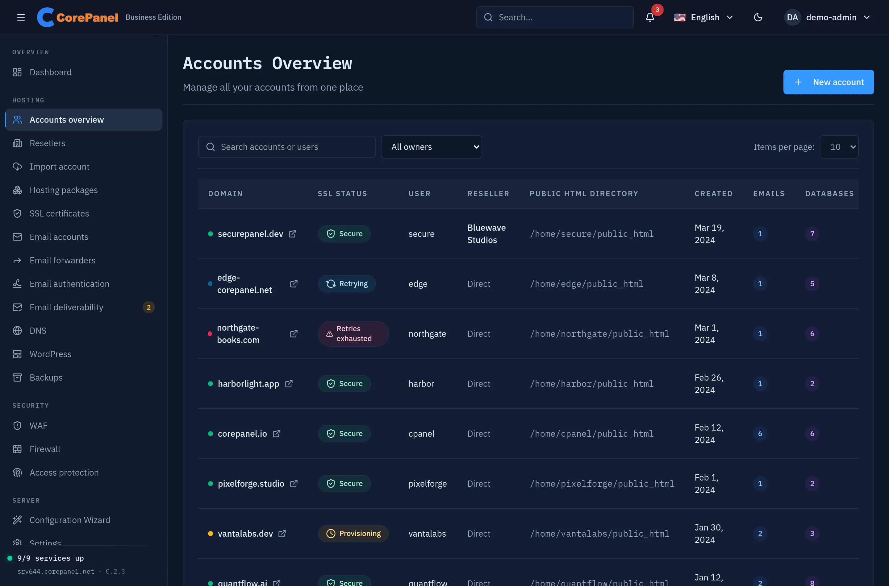 The Accounts overview on a server with two resellers. Beside the search box a select reads 'All owners', and the table has a Reseller column between User and Public HTML directory: securepanel.dev shows Bluewave Studios, while edge-corepanel.net, northgate-books.com, harborlight.app and the other accounts the server sells itself read 'Direct' in a dimmer tone.