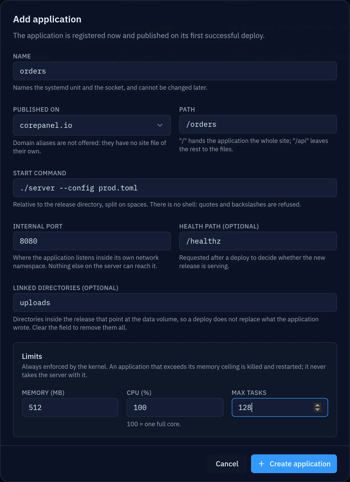 The Add application form, filled in: name, publication target and path, start command, internal port, health path, linked directories and the memory, CPU and task limits