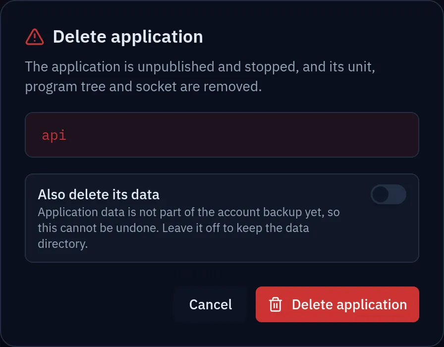 The Delete application dialog naming the application, with an "Also delete its data" toggle left off and a warning that application data is not part of the account backup