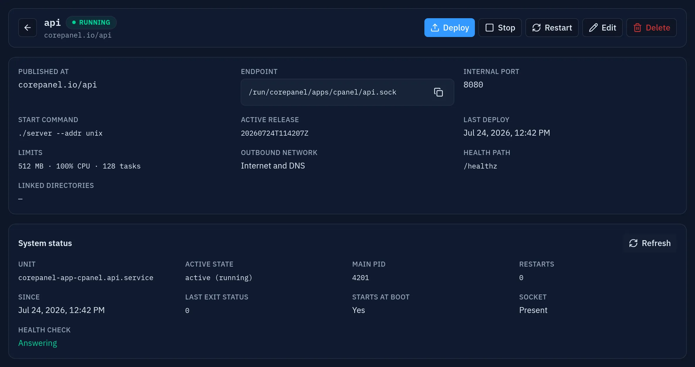 The application detail: the action bar, the summary of the specification, and the System status card reporting what systemd says right now — unit, active state, main pid, restarts, socket — with a Health check line reading "Answering" in green