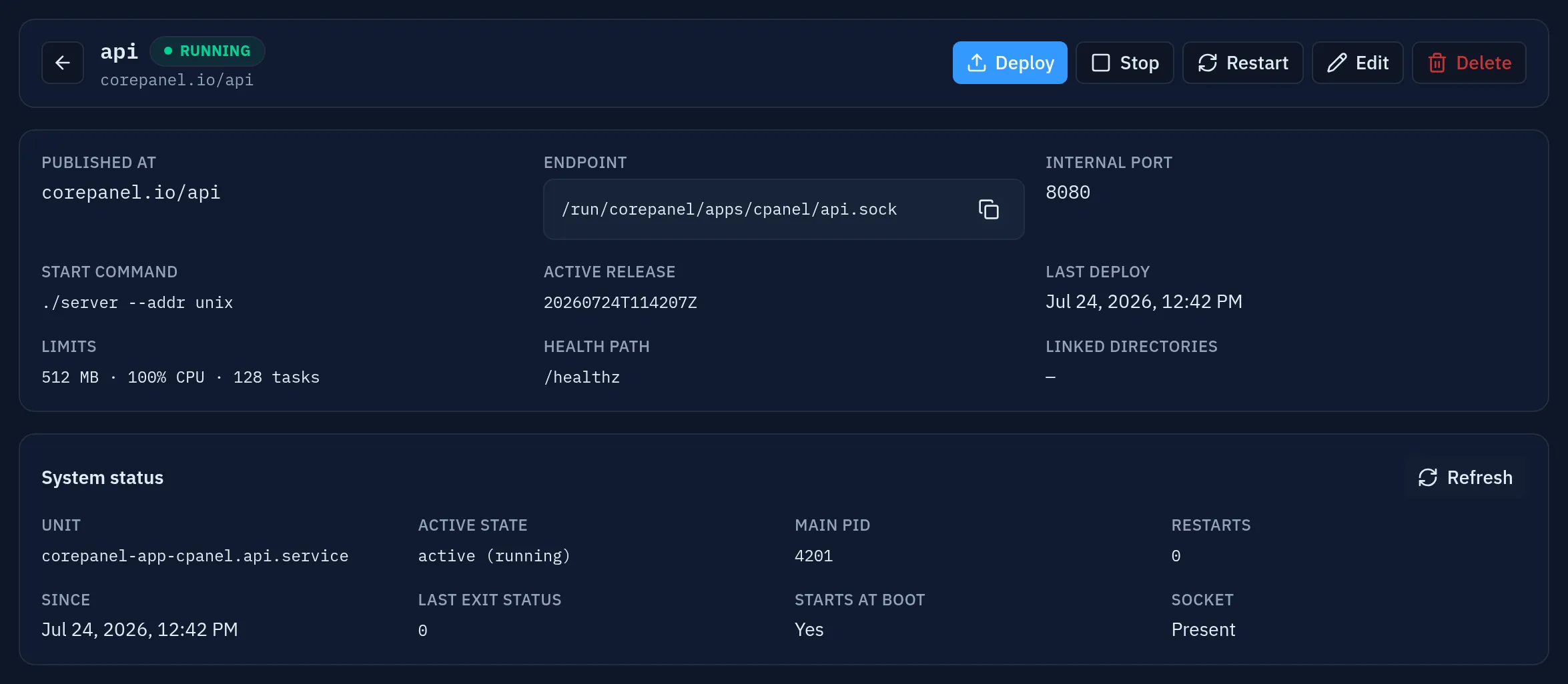 The application detail: the action bar, the summary of the specification, and the System status card reporting what systemd says right now
