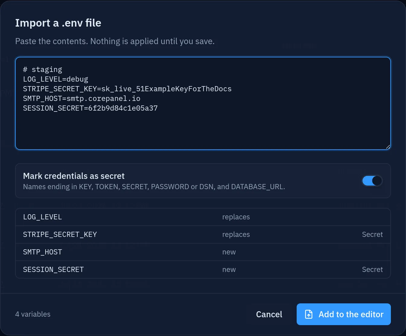 The Import a .env file dialog: a pasted file of four assignments, a toggle to mark credentials as secret, and a preview listing each name as "replaces" or "new" with STRIPE_SECRET_KEY and SESSION_SECRET marked Secret