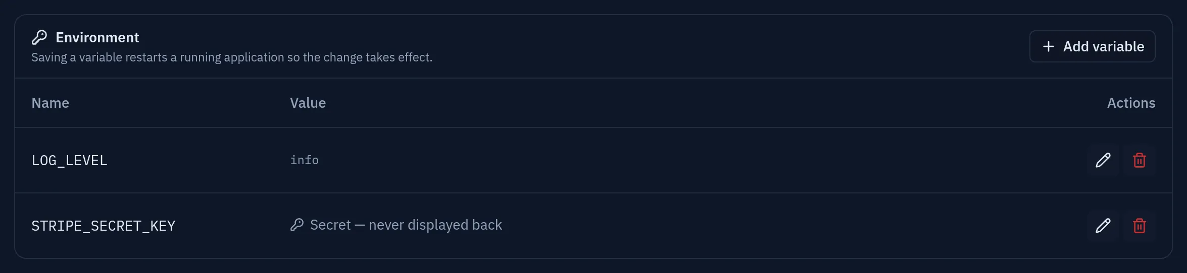 The Environment card listing LOG_LEVEL with its value in clear and STRIPE_SECRET_KEY showing "Secret — never displayed back"