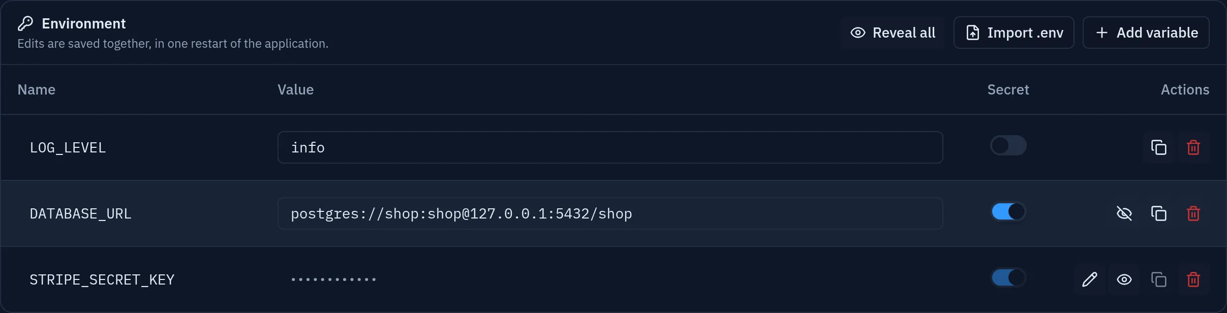The Environment card as an editable table: LOG_LEVEL with its value in the clear, DATABASE_URL revealed after pressing the eye button, and STRIPE_SECRET_KEY still masked behind dots with buttons to replace it, reveal it, copy it and remove it