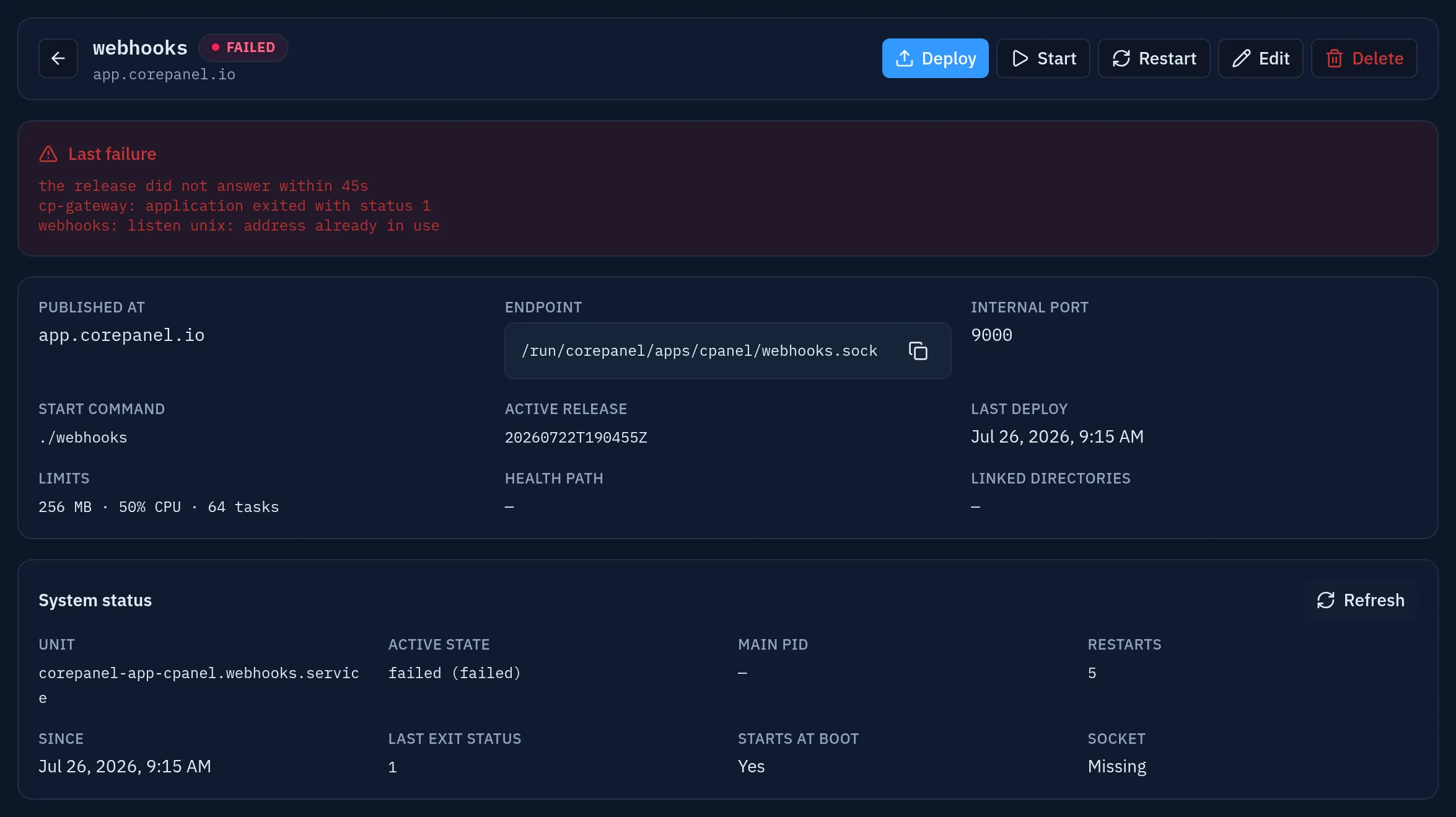 A failed application: the Failed badge, a Last failure band quoting "listen unix: address already in use", and a System status card reporting failed (failed), five restarts and a missing socket