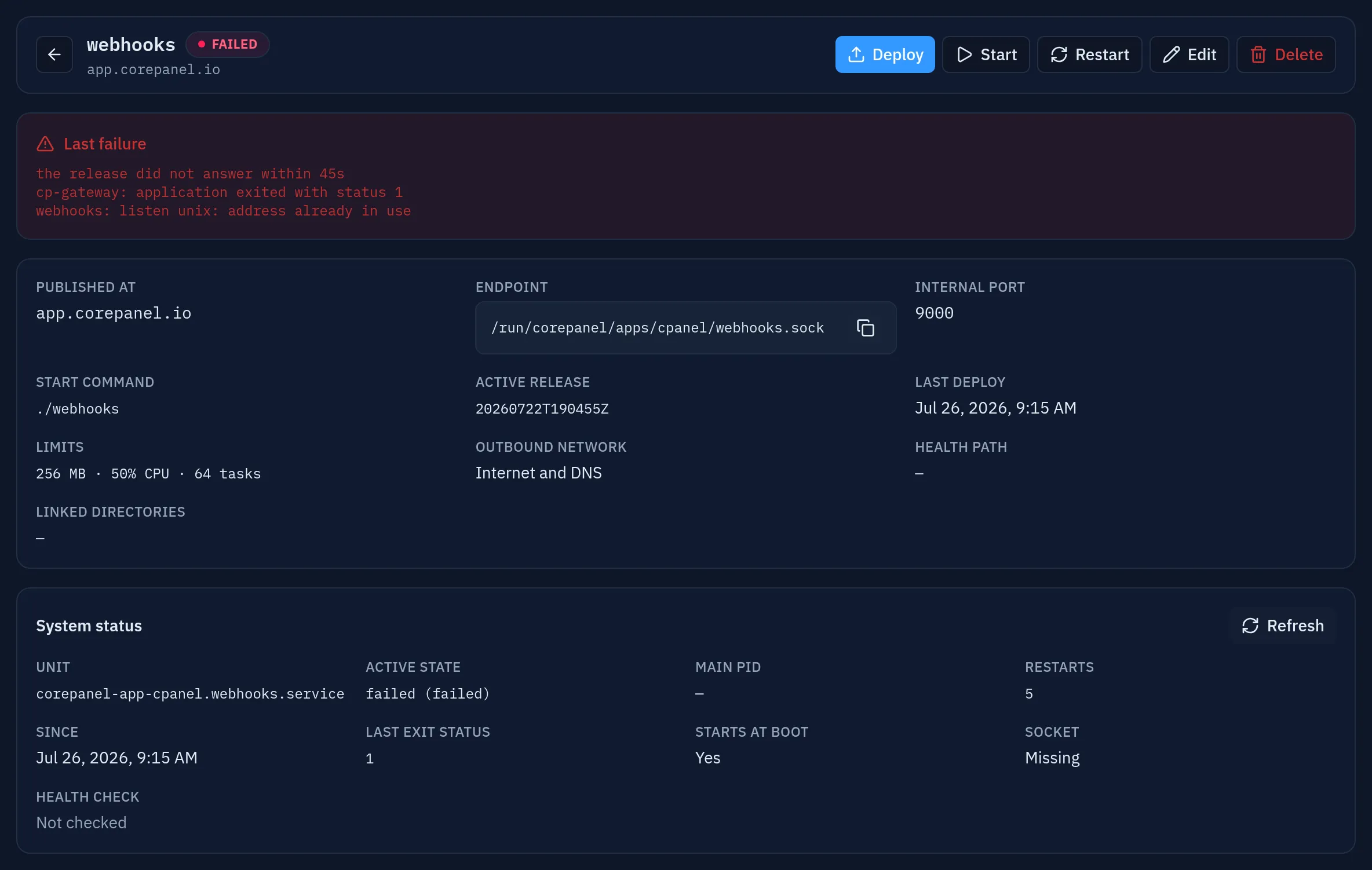 A failed application: the Failed badge, a Last failure band quoting "listen unix: address already in use", and a System status card reporting failed (failed), five restarts, a missing socket and a Health check reading "Not checked"