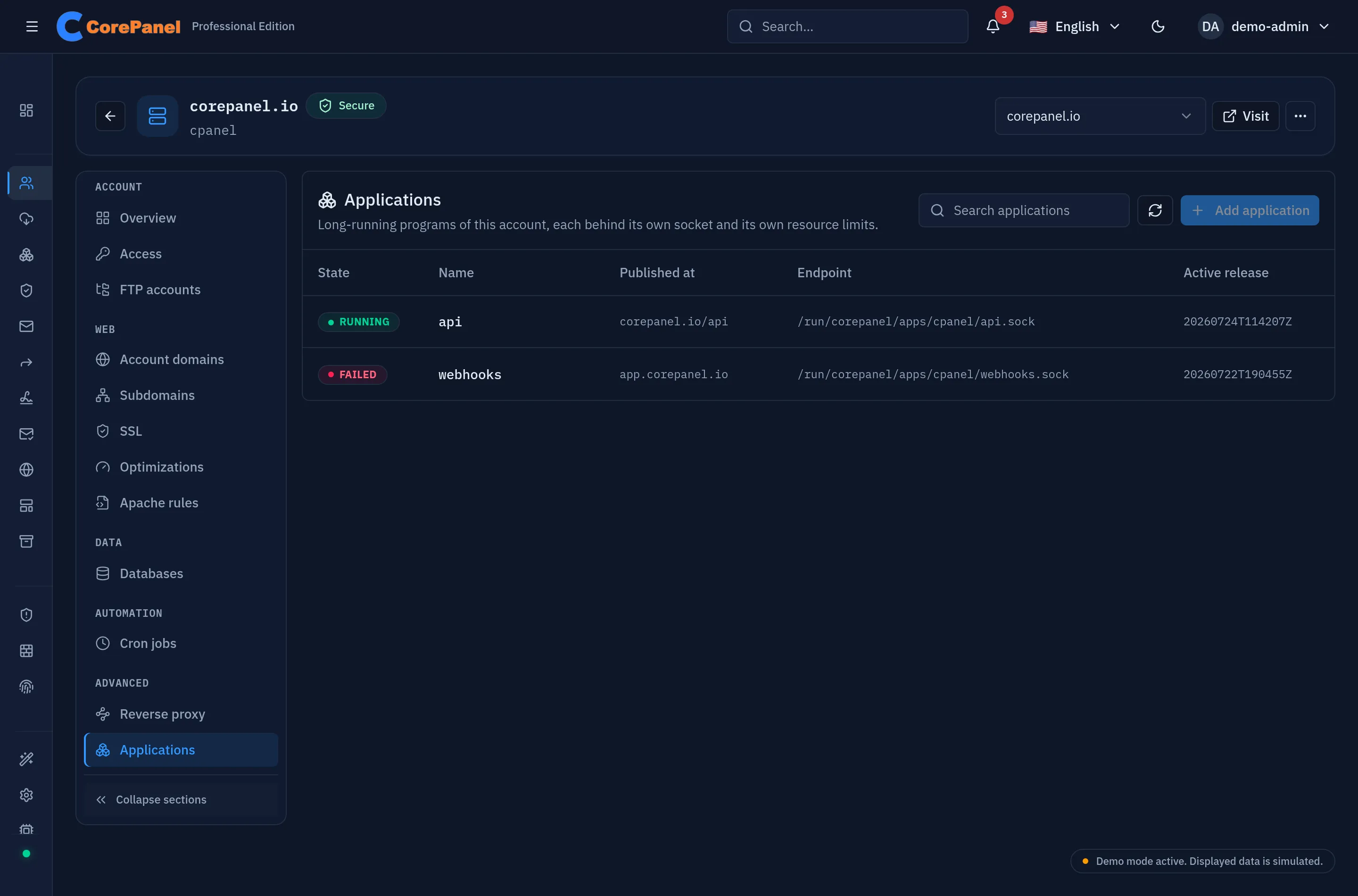 The Applications section of an account: one running application and one failed, with their state, publication target, socket and active release
