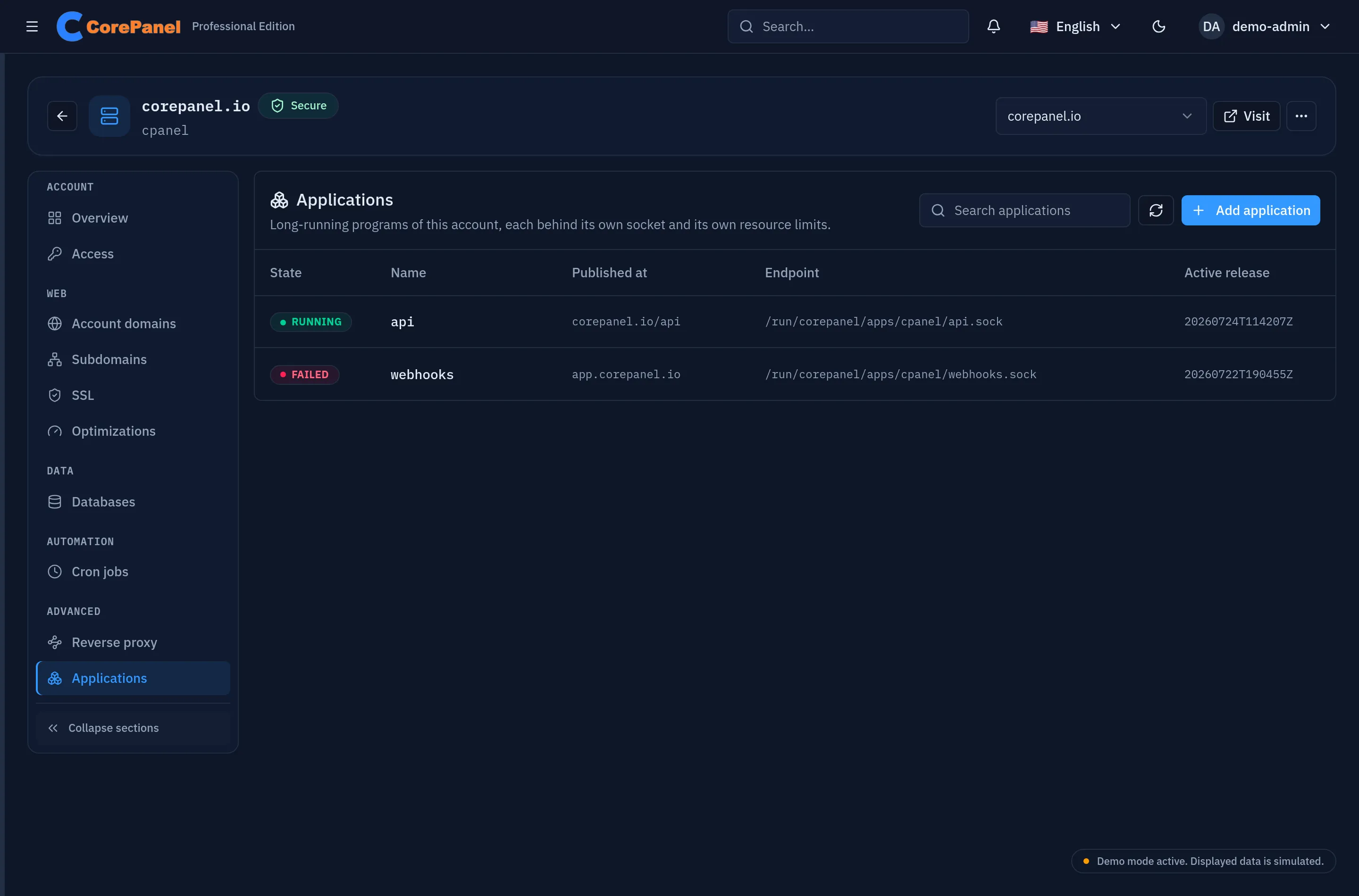 The Applications section of an account: one running application and one failed, with their state, publication target, socket and active release