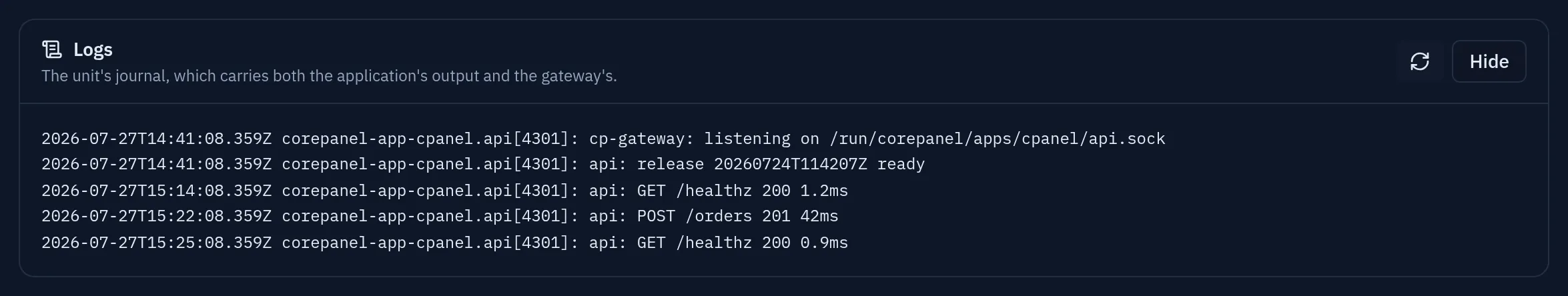 The Logs card showing the journal: the gateway announcing the socket it listens on, the release reported ready, and the application's own request lines