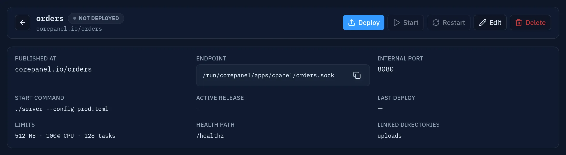 The application right after creation: state "Not deployed", no active release, no last deploy, with Start and Restart unavailable