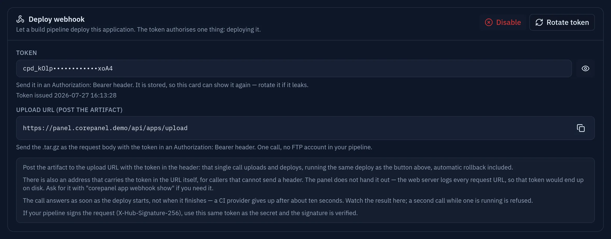 The Deploy webhook card with a token issued: the token masked behind an eye button, the upload URL in clear, and the notes on how to call it