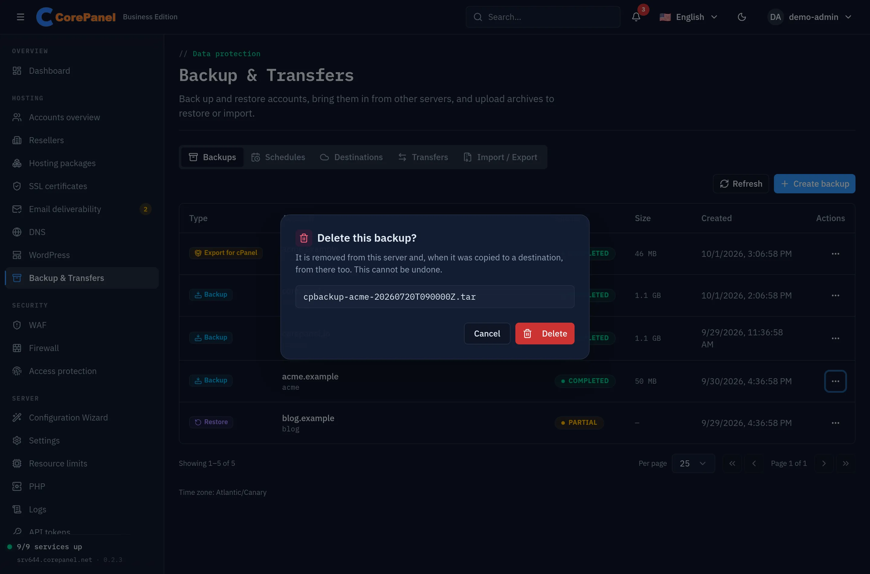 The Backups tab with a confirmation dialog open over the job list: a red trash icon, the title "Delete this backup?", the sentence "It is removed from this server and, when it was copied to a destination, from there too. This cannot be undone.", the archive name cpbackup-acme-20260720T090000Z.tar, and Cancel and Delete buttons