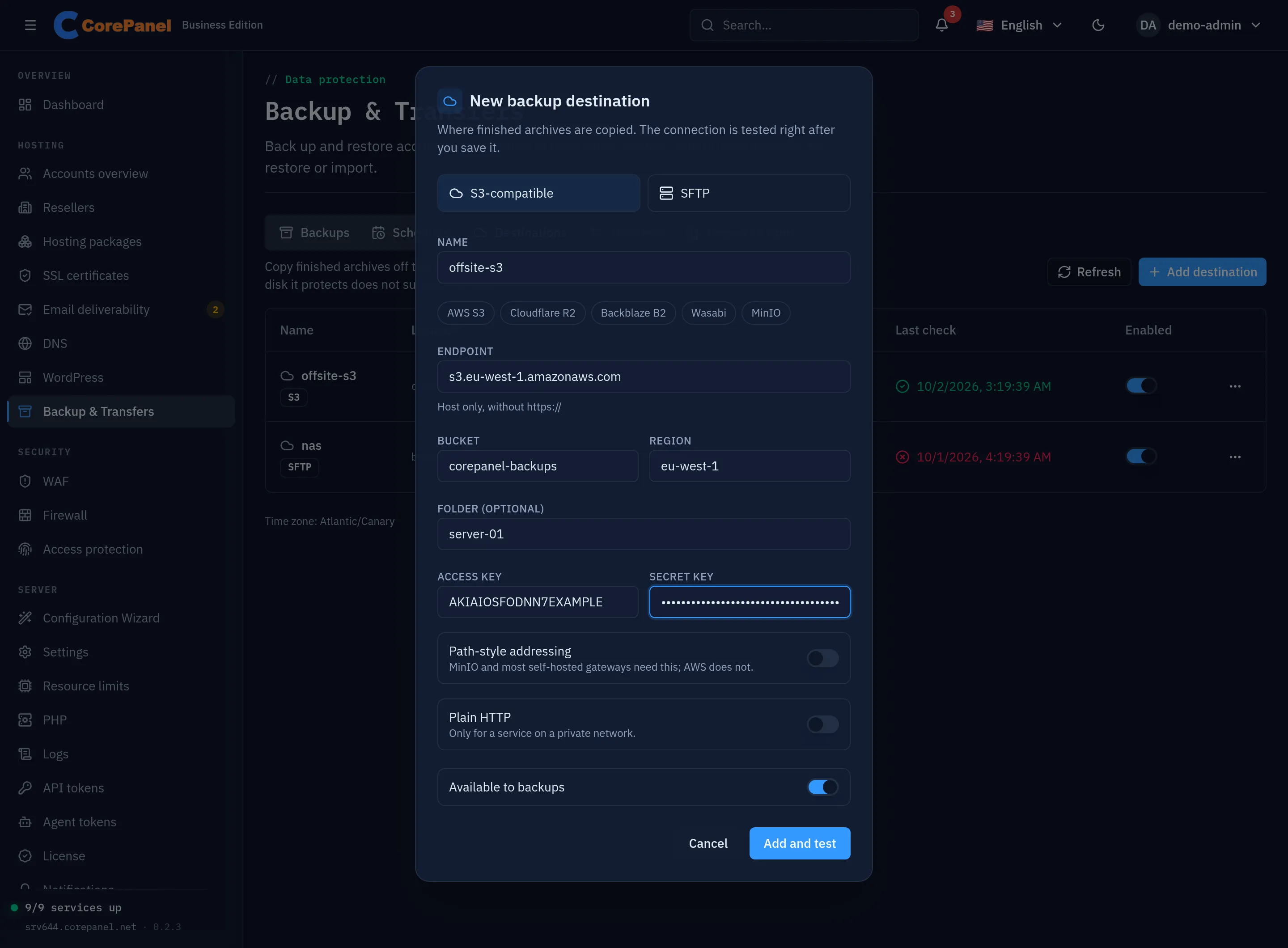 The New backup destination dialog with S3-compatible selected: the name offsite-s3, shortcut buttons for AWS S3, Cloudflare R2, Backblaze B2, Wasabi and MinIO, the endpoint s3.eu-west-1.amazonaws.com, the bucket corepanel-backups, the region eu-west-1, the folder server-01, an access key and a masked secret key, switches for Path-style addressing (off), Plain HTTP (off) and Available to backups (on), and Cancel and Add and test buttons