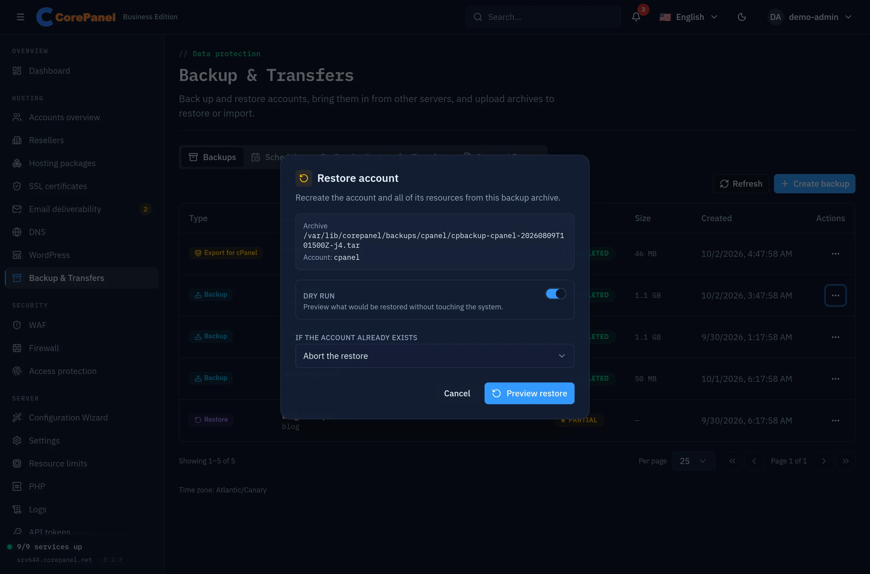 The Restore account dialog over the Backups tab: the archive path /var/lib/corepanel/backups/cpanel/cpbackup-cpanel-20260809T101500Z-j4.tar for the account cpanel, a Dry run switch turned on with the hint "Preview what would be restored without touching the system", an "If the account already exists" selector set to "Abort the restore", and Cancel and Preview restore buttons