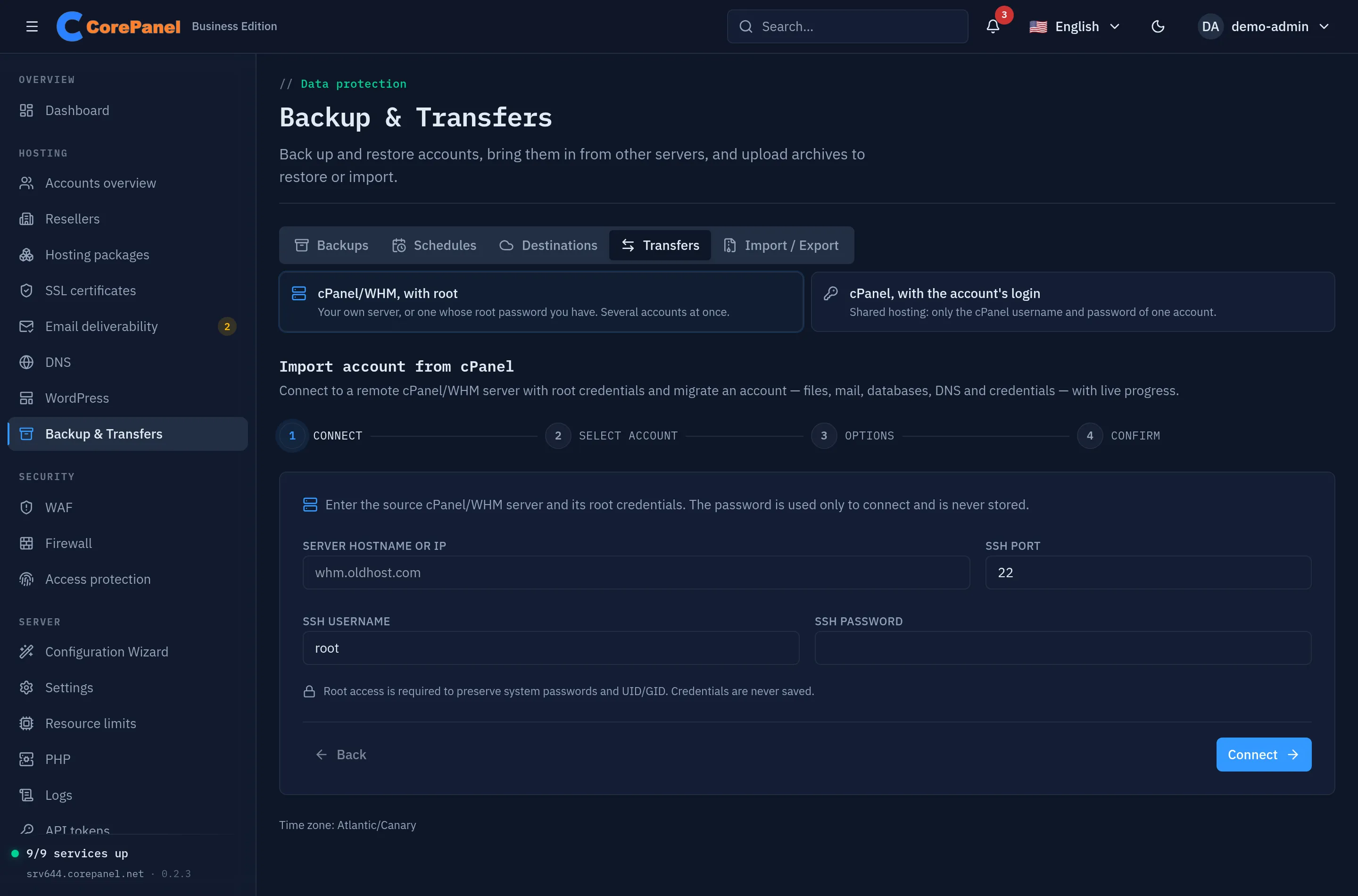 The Transfers tab of Backup & Transfers: two choices at the top — "cPanel/WHM, with root" (your own server, or one whose root password you have; several accounts at once), selected, and "cPanel, with the account's login" (shared hosting: only the cPanel username and password of one account) — and below them the "Import account from cPanel" wizard on its first step, Connect, with fields for the server hostname or IP, the SSH port 22, the SSH username root and the SSH password, and a Connect button