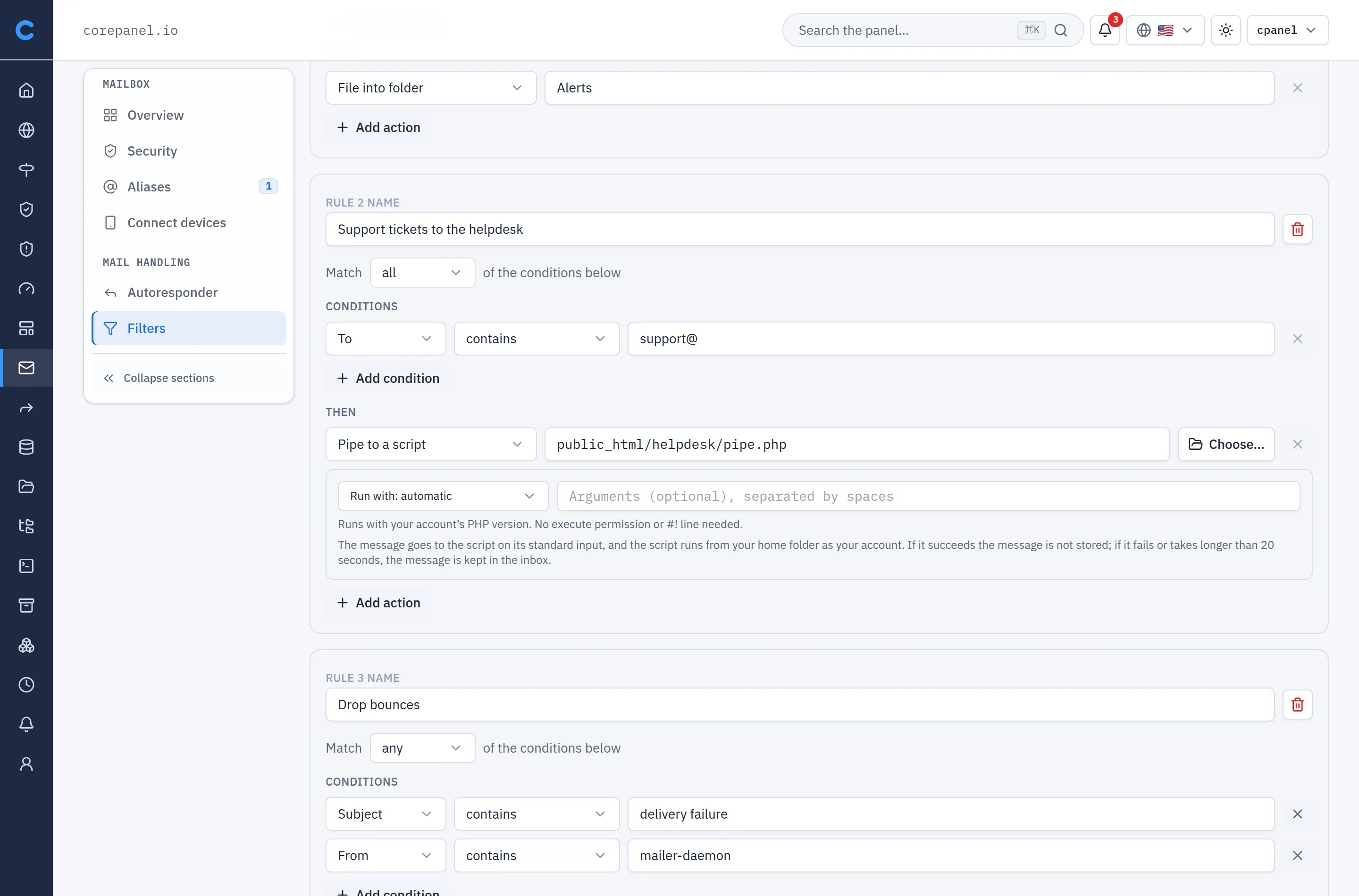 The Filters screen of the mailbox admin@corepanel.io in the client panel. Rule 2, "Support tickets to the helpdesk", matches when To contains "support@"; its action is "Pipe to a script" with the path public_html/helpdesk/pipe.php and a "Choose…" button beside it. Under it, a "Run with: automatic" selector, an optional Arguments field and two lines of help: "Runs with your account's PHP version. No execute permission or #! line needed." and how the message reaches the script and what happens if it fails.