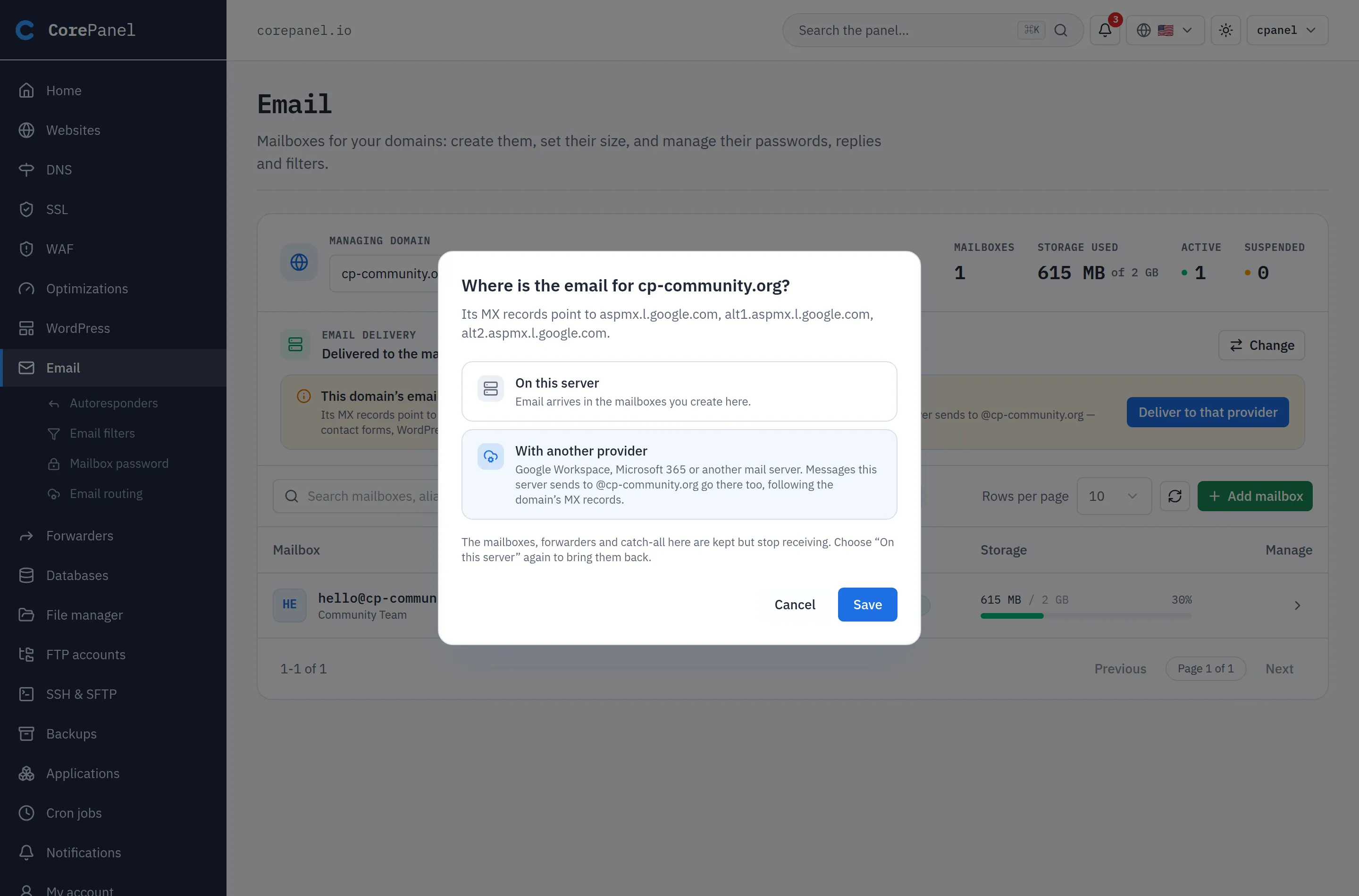 The "Where is the email for cp-community.org?" dialog. It says the MX records point to aspmx.l.google.com, alt1.aspmx.l.google.com and alt2.aspmx.l.google.com, and offers two choices: "On this server" (email arrives in the mailboxes you create here) and the selected "With another provider" (Google Workspace, Microsoft 365 or another mail server; messages this server sends to @cp-community.org go there too, following the MX records). A note says the mailboxes, forwarders and catch-all are kept but stop receiving until "On this server" is chosen again. Cancel and Save buttons close it.