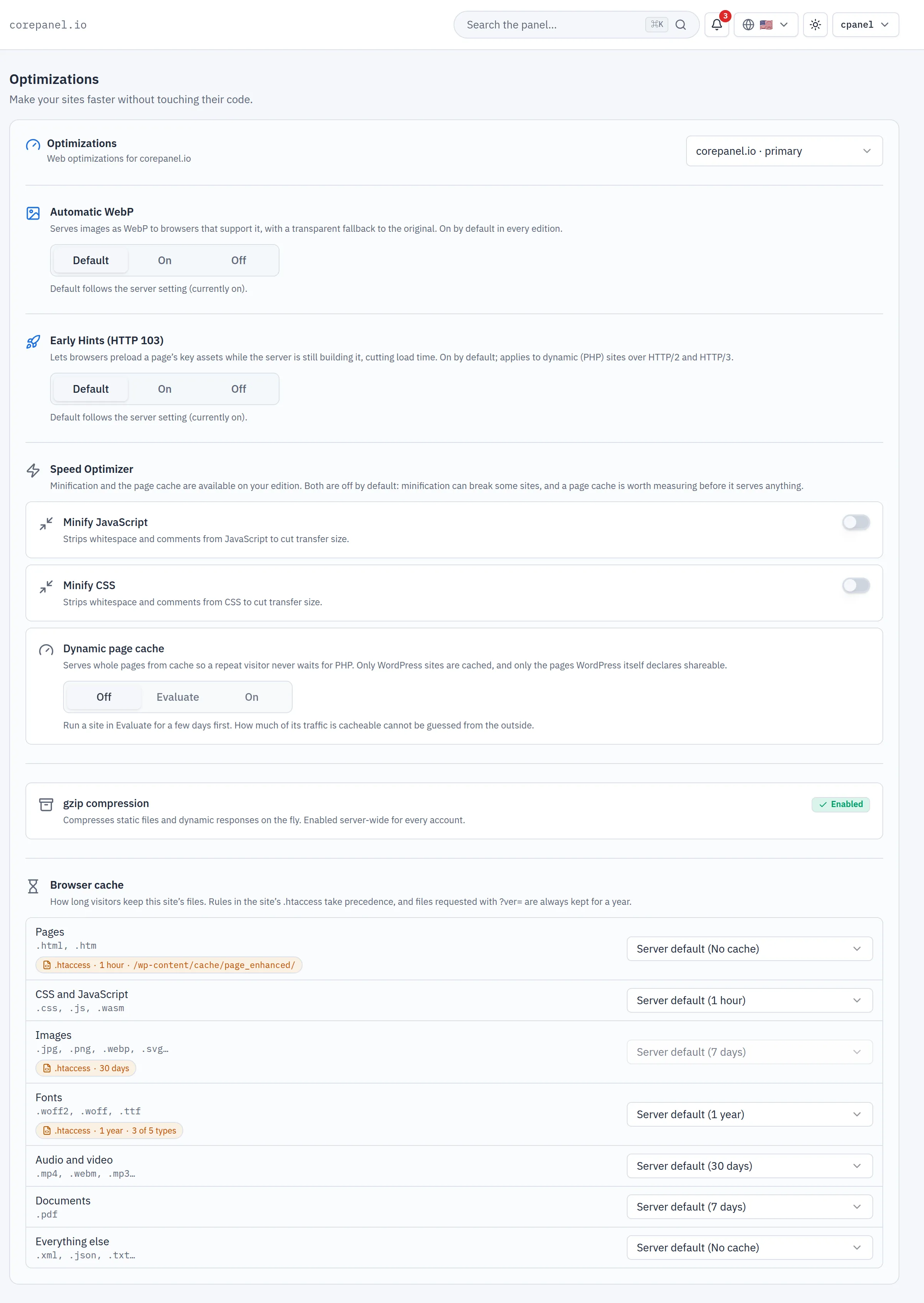 The Optimizations screen of the client panel in its light theme: a site selector reading corepanel.io · primary, then Automatic WebP and Early Hints (HTTP 103) each with Default, On and Off, the Speed Optimizer block with Minify JavaScript and Minify CSS switches and the dynamic page cache's Off, Evaluate and On, a gzip compression row marked Enabled, and at the bottom the Browser cache block: seven categories — Pages, CSS and JavaScript, Images, Fonts, Audio and video, Documents, Everything else — each on Server default with the server's value in brackets, such as Server default (1 hour) for CSS and JavaScript. Small amber chips sit under three of them: .htaccess · 1 hour · /wp-content/cache/page_enhanced/ under Pages; .htaccess · 30 days under Images, whose selector is dimmed; and .htaccess · 1 year · 3 of 5 types under Fonts.