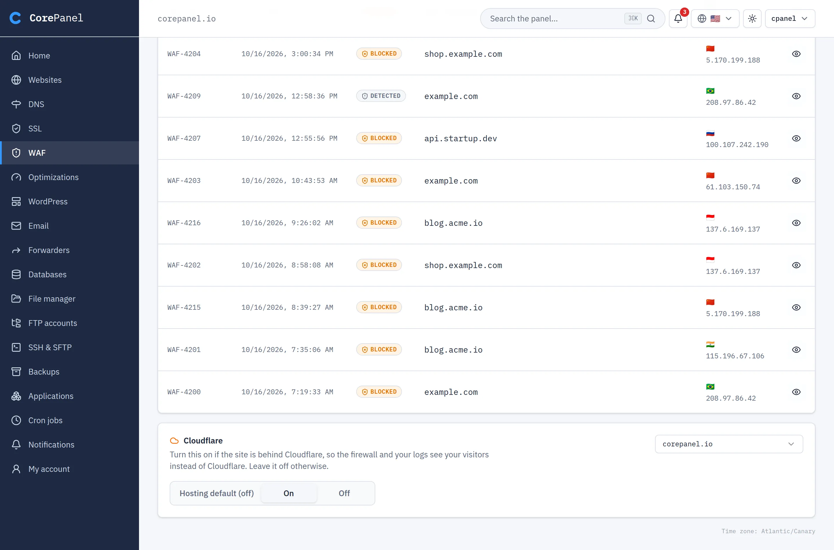 The bottom of the client panel's WAF screen: the last rows of Recent activity, then a "Cloudflare" card explaining "Turn this on if the site is behind Cloudflare, so the firewall and your logs see your visitors instead of Cloudflare. Leave it off otherwise", a site selector reading corepanel.io, and a three-way switch — Hosting default (off), On, Off — set to On.