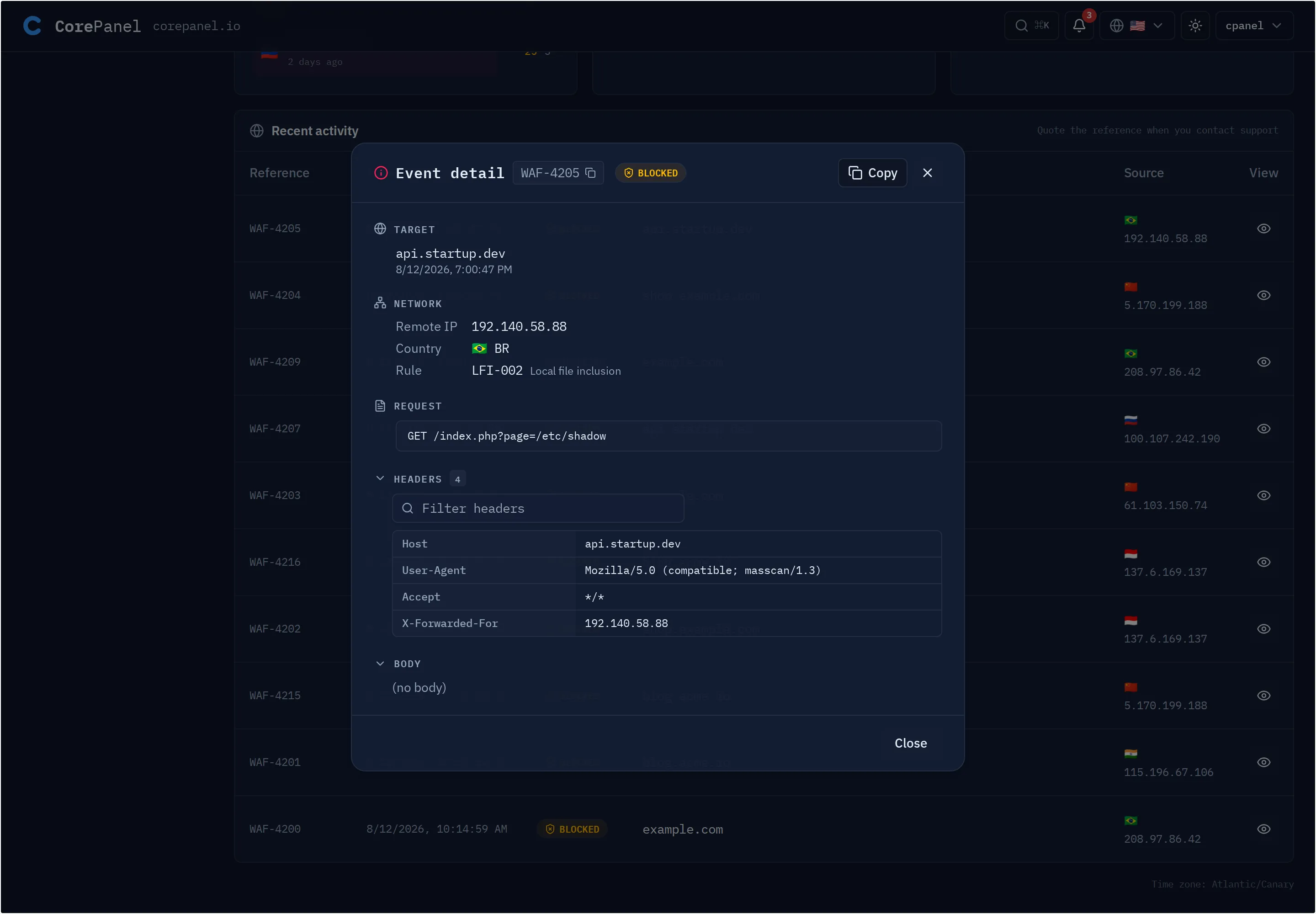 The event detail dialog open over the customer's Recent activity table. Its header reads "Event detail" beside the reference WAF-4205 with a copy icon, and a BLOCKED badge. The body gives the target api.startup.dev with a timestamp, a Network block (remote IP 192.140.58.88, country BR, rule LFI-002 "Local file inclusion"), the request line GET /index.php?page=/etc/shadow, the four captured headers including a masscan User-Agent, and an empty body. The footer offers only Close — no "Add exception".