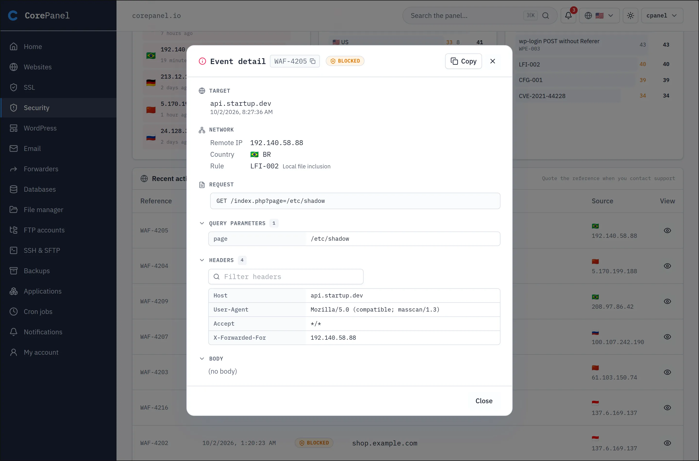 The event detail dialog open over the customer's Recent activity table. Its header reads "Event detail" beside the reference WAF-4205 with a copy icon, and a BLOCKED badge. The body gives the target api.startup.dev with a timestamp, a Network block (remote IP 192.140.58.88, country BR, rule LFI-002 "Local file inclusion"), the request line GET /index.php?page=/etc/shadow, a Query parameters table decoding it to one row (page = /etc/shadow), the four captured headers including a masscan User-Agent, and an empty body. The footer offers only Close — no "Add exception".