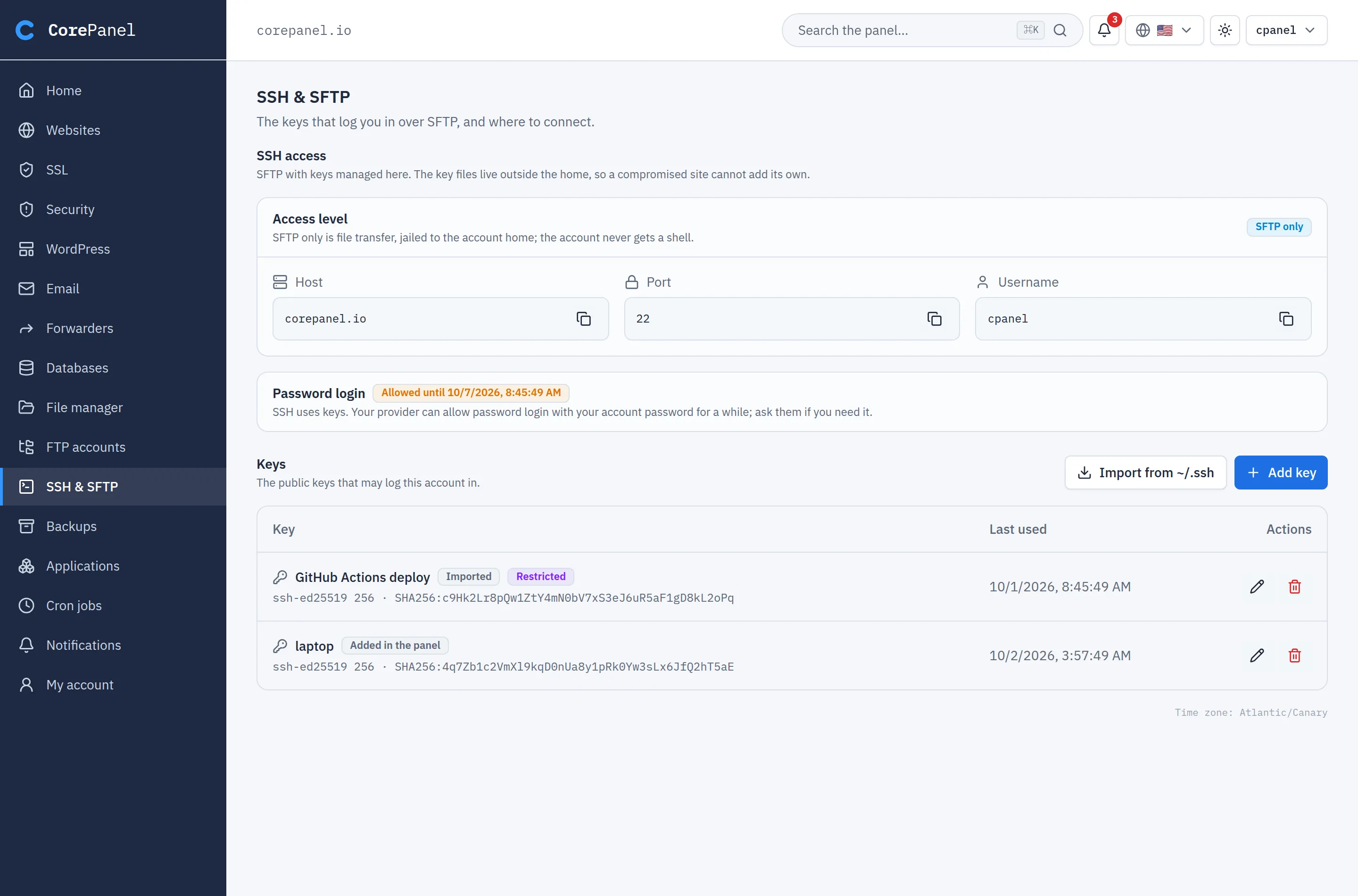 The SSH & SFTP page of the client panel for the account cpanel on corepanel.io, open from its sidebar. The Access level card shows a read-only "SFTP only" badge instead of a selector, with host, port 22 and username to copy. The Password login card reads "Allowed until 10/7/2026" and tells the customer that SSH uses keys and that their provider can allow password login for a while. The Keys table lists the same two keys, with rename and remove buttons, under Import from ~/.ssh and Add key.