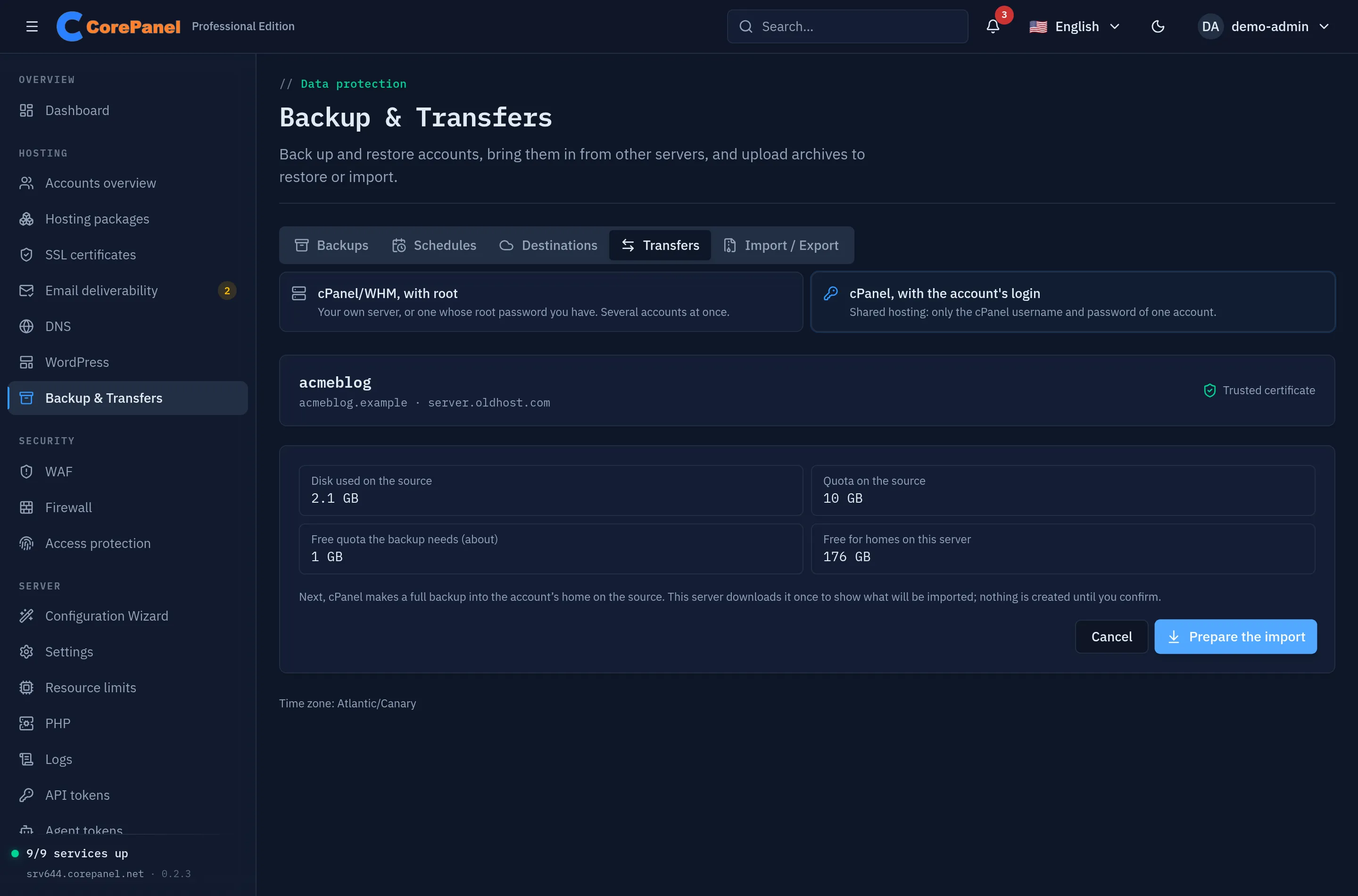 The Transfers tab with "cPanel, with the account's login" chosen: the account acmeblog on server.oldhost.com with a trusted certificate, then four figures — 2.1 GB used on the source, a 10 GB quota there, about 1 GB of free quota the backup needs, and 176 GB free for homes on this server — and the Cancel and Prepare the import buttons