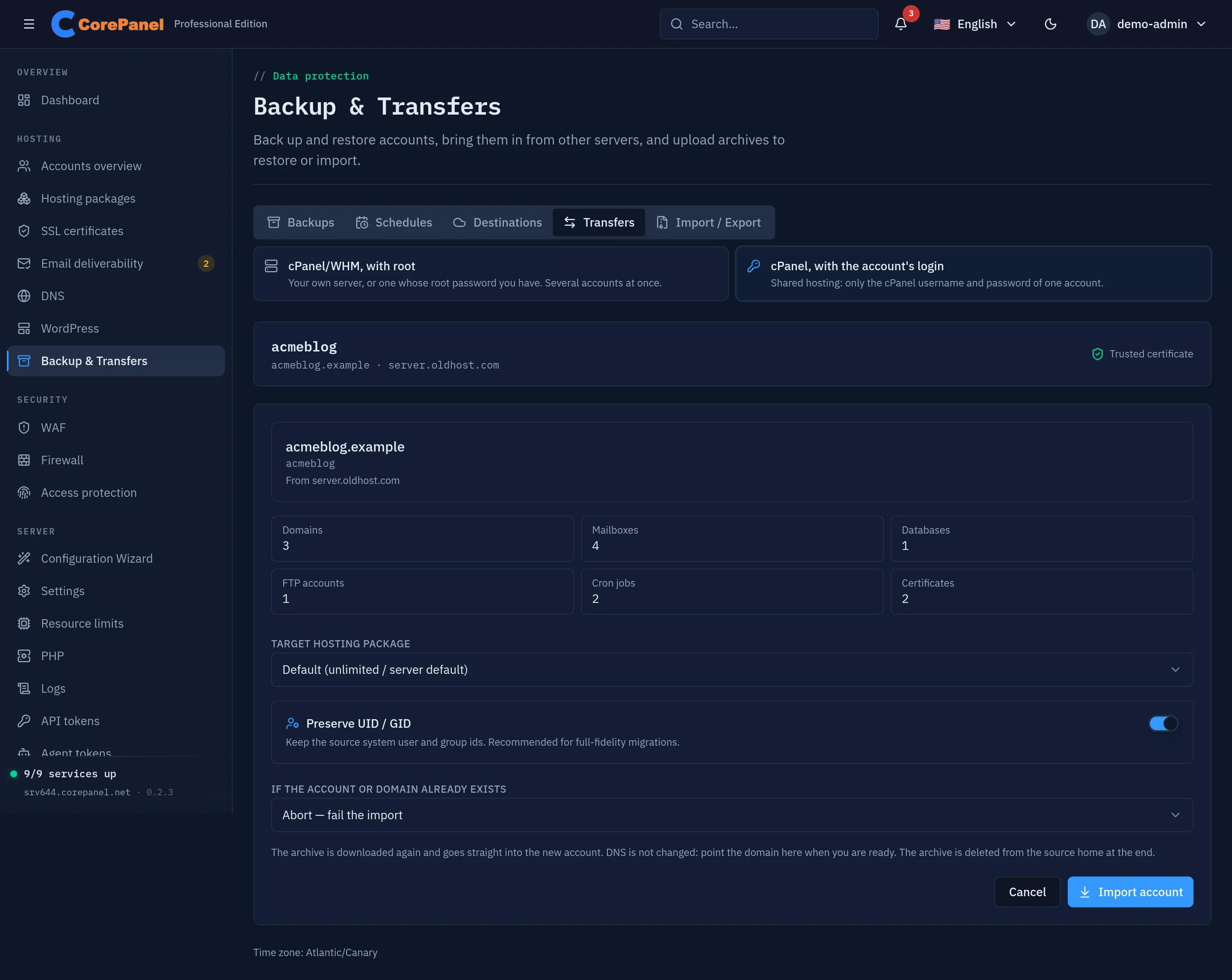 The preview of acmeblog.example from server.oldhost.com: 3 domains, 4 mailboxes, 1 database, 1 FTP account, 2 cron jobs and 2 certificates, then the target hosting package, the Preserve UID / GID switch, the policy for an account or domain that already exists, a note that the archive is downloaded again straight into the account and that DNS is not changed, and the Cancel and Import account buttons