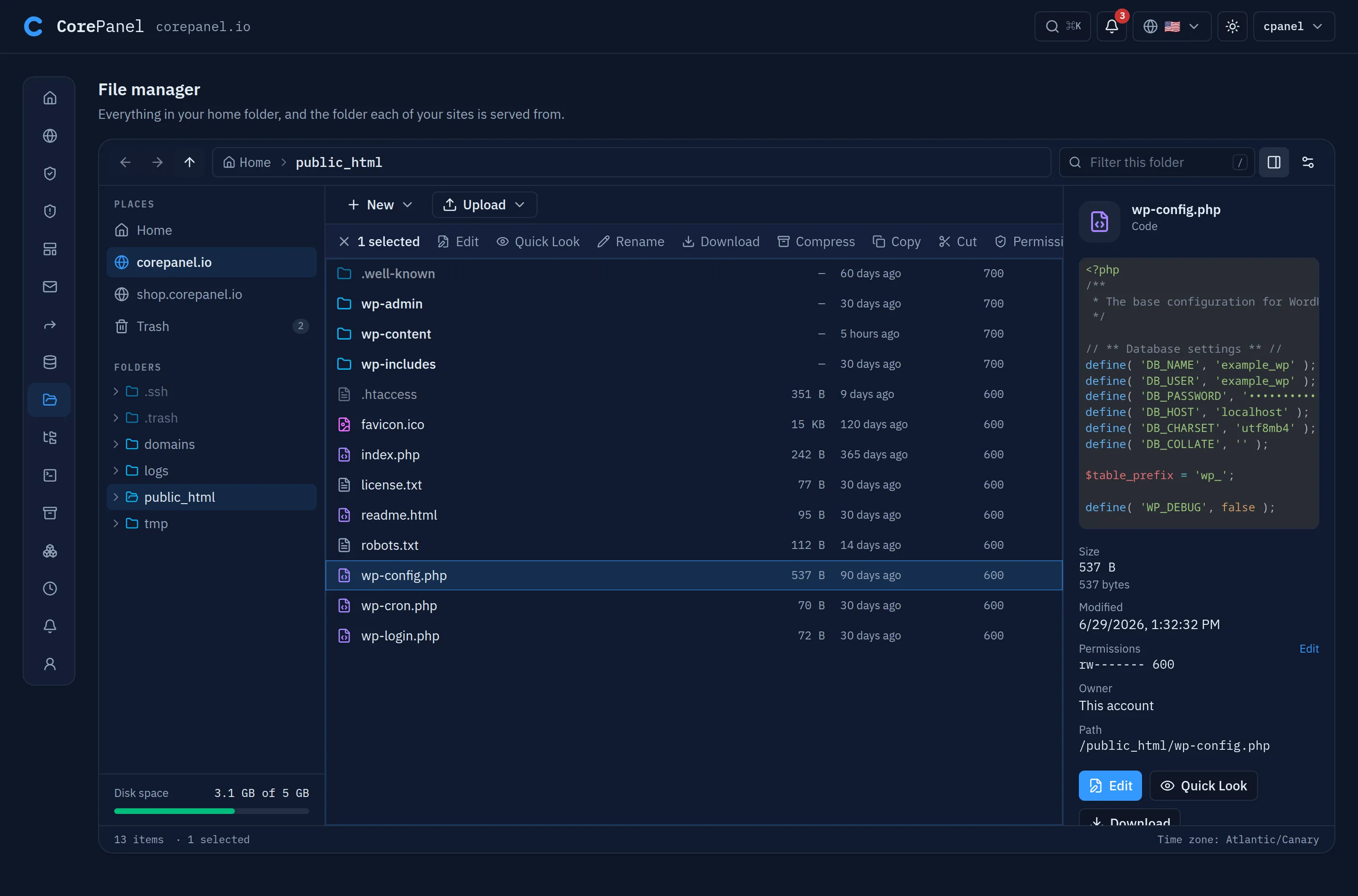 The file manager of the client panel, open on public_html of corepanel.io: a path bar with back, forward and up buttons and the breadcrumb "Home › public_html"; on the left the Places list (Home, corepanel.io, shop.corepanel.io, Trash with 2 items), a folder tree, and a disk-space bar reading "3.1 GB of 5 GB"; in the middle "New" and "Upload" buttons above the folder's WordPress files with size, age and permissions (600 for files, 700 for folders), wp-config.php selected and the selection bar offering Edit, Quick Look, Rename, Download, Compress, Copy, Cut, Permissions, Copy path and Move to trash; on the right the details pane with a highlighted preview of wp-config.php, its size, modification date, permissions rw------- 600, and Edit, Quick Look and Download buttons.