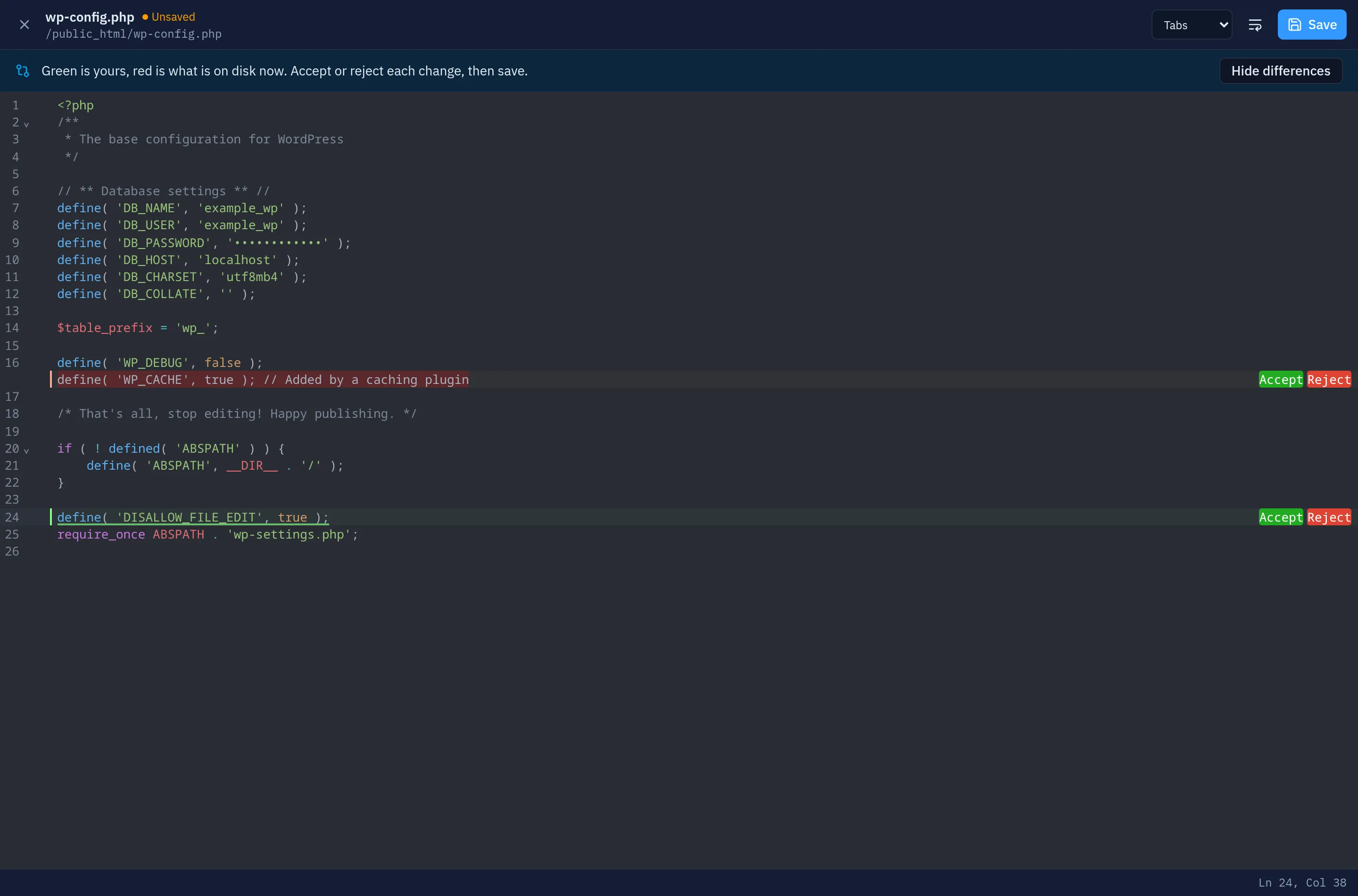 The editor in its merge view on wp-config.php: a blue line saying "Green is yours, red is what is on disk now. Accept or reject each change, then save.", a red line added on disk by a caching plugin (define WP_CACHE) and a green line added in the editor (define DISALLOW_FILE_EDIT), each with Accept and Reject buttons, and the Save button in the header.