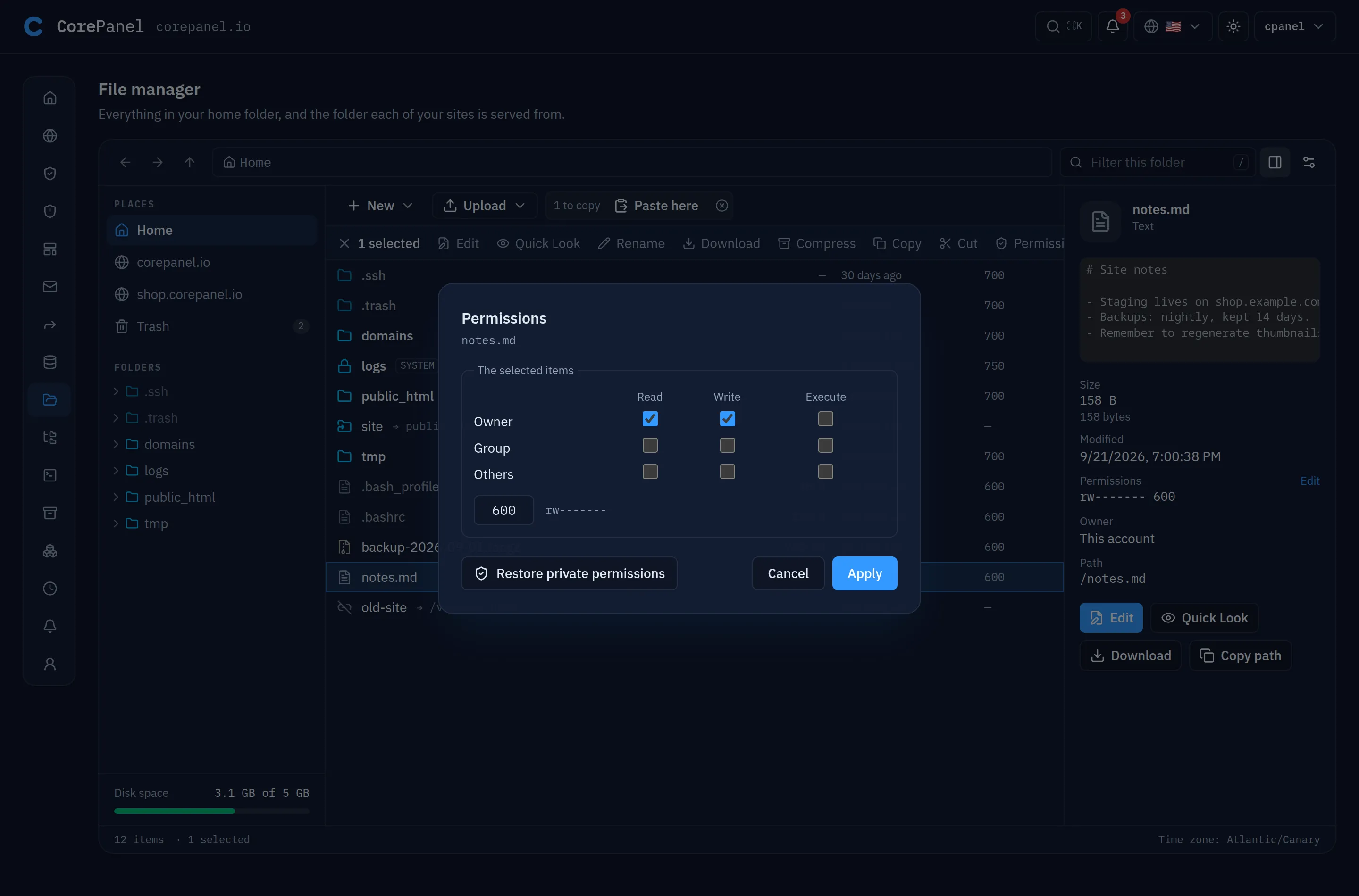 The permissions dialog for notes.md: a grid of Read, Write and Execute for Owner, Group and Others with Owner read and write ticked, the octal field reading 600 and rw------- beside it, and the buttons Restore private permissions, Cancel and Apply.