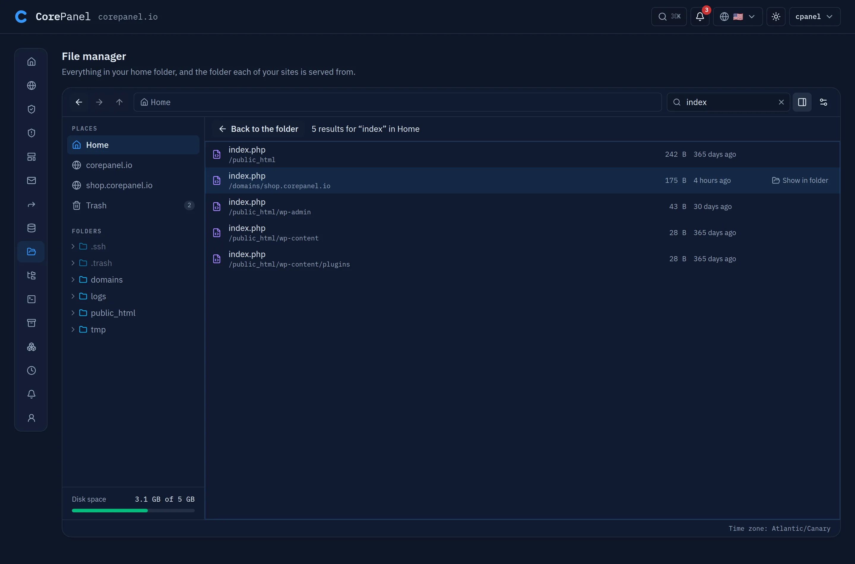 Search results for "index" from the home folder: a "Back to the folder" button and "5 results for “index” in Home" above a list of five index.php files, each with the folder it is in written under its name — /public_html, /domains/shop.corepanel.io, /public_html/wp-admin, /public_html/wp-content and /public_html/wp-content/plugins — its size and age; the second row is highlighted and offers "Show in folder".
