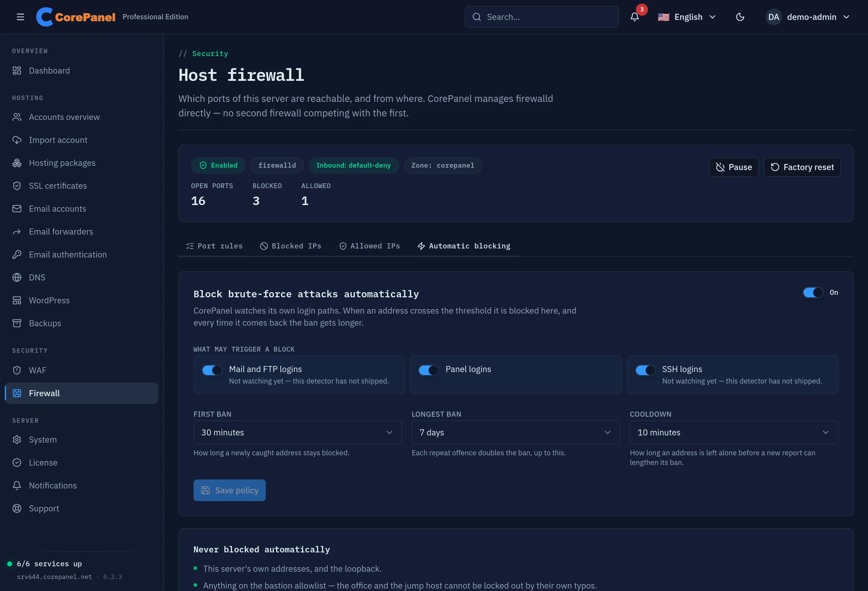 The Automatic blocking tab: a master switch, three source toggles for panel, mail/FTP and SSH logins, selects for the first ban, the longest ban and the cooldown, and a list of what is never blocked automatically.