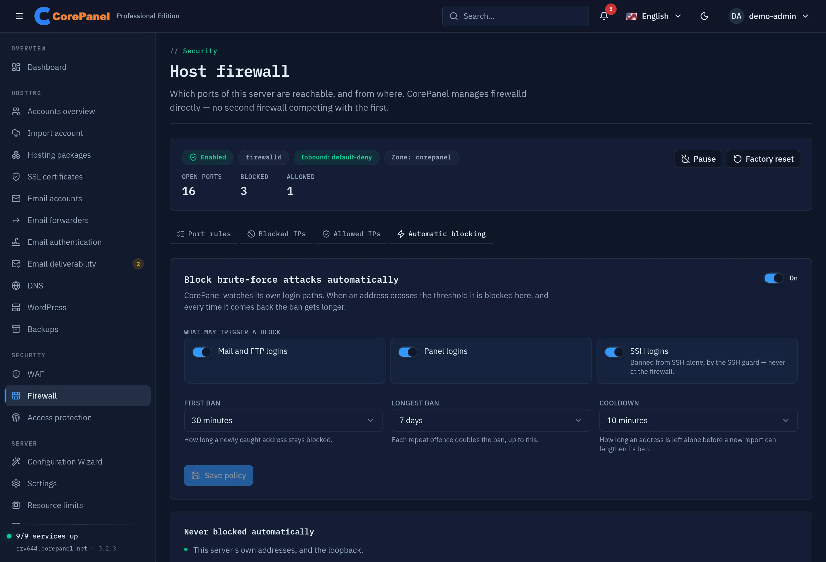 The Automatic blocking tab: a master switch, three source toggles for mail/FTP, panel and SSH logins — the SSH one noting that its attackers are banned from SSH alone, by the SSH guard, never at the firewall — selects for the first ban (30 minutes), the longest ban (7 days) and the cooldown (10 minutes), and the start of the list of what is never blocked automatically.
