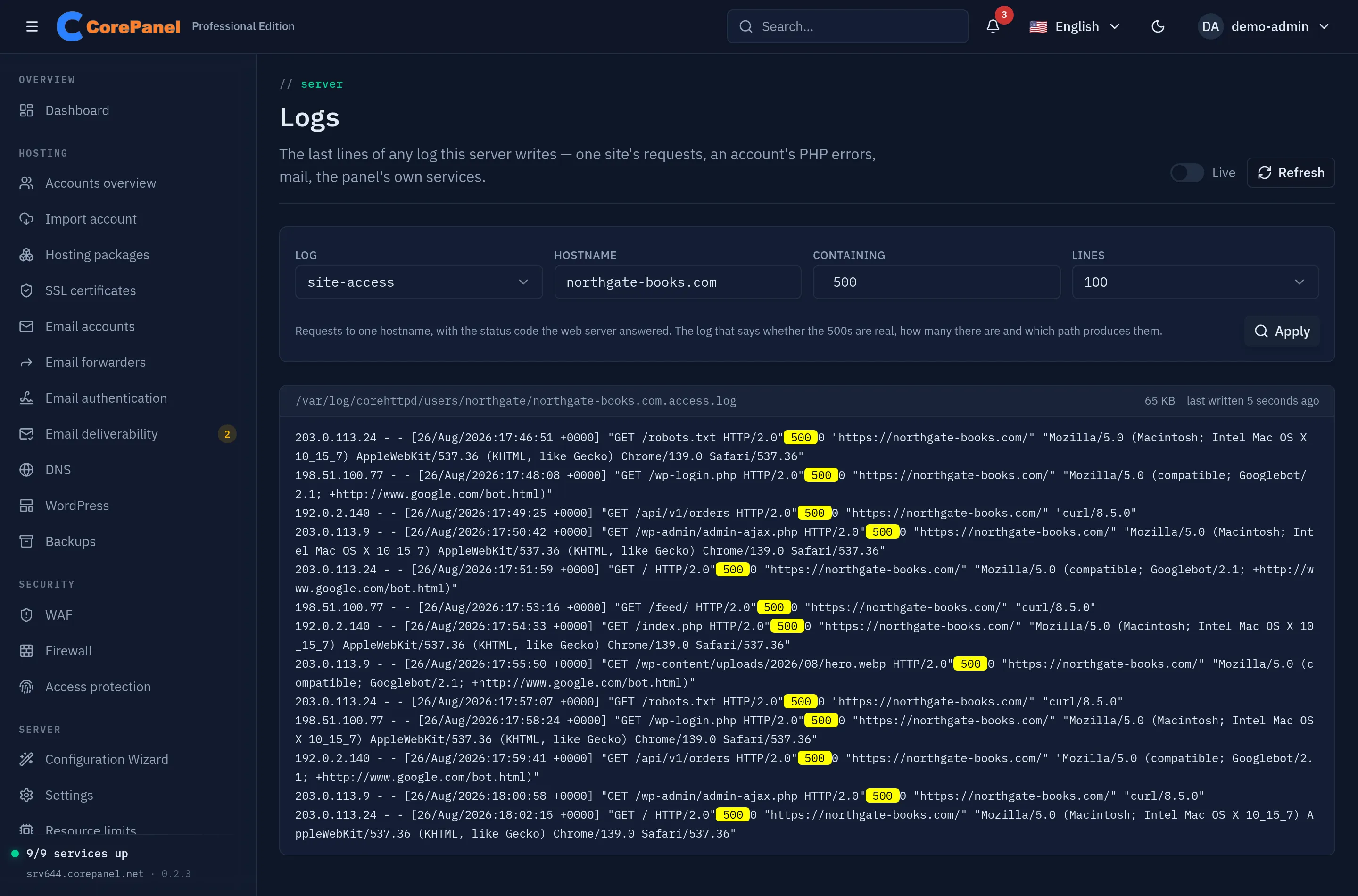 The Logs screen in CorePanel: a toolbar with a Log picker set to site-access, a Hostname box reading northgate-books.com, a Containing box filtering for 500 and a line count of 100; below it a pane headed with the path /var/log/corehttpd/users/northgate/northgate-books.com.access.log, its size and when it was last written, then the matching access-log lines in a monospace font with each 500 highlighted.