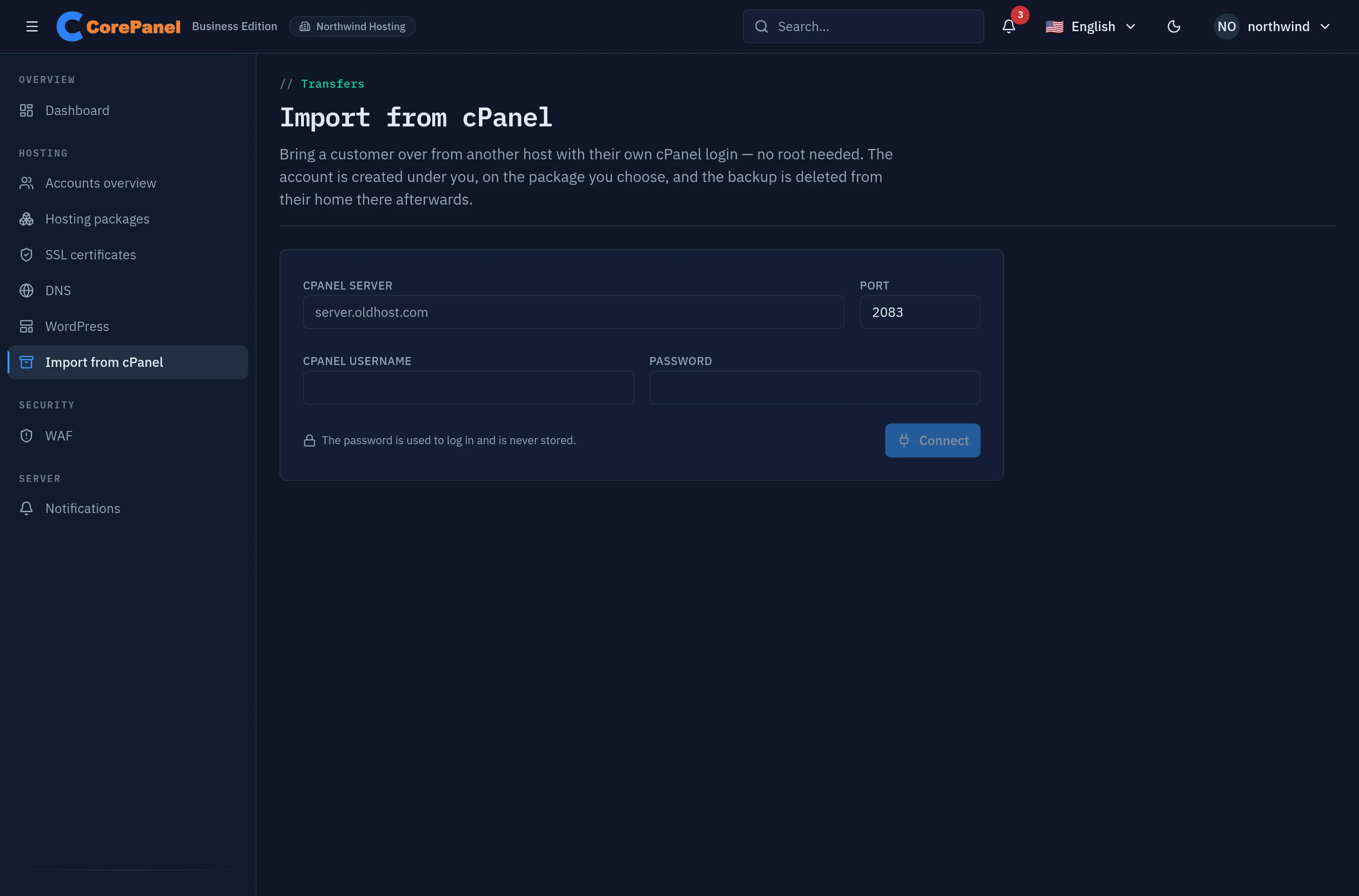 The Import from cPanel page in a reseller's panel: the eyebrow reads 'Transfers', the subtitle says the account is created under the reseller on the package they choose, and the form asks for the cPanel server, port 2083, the cPanel username and its password, with a Connect button and a note that the password is never stored. The sidebar entry Import from cPanel is selected.