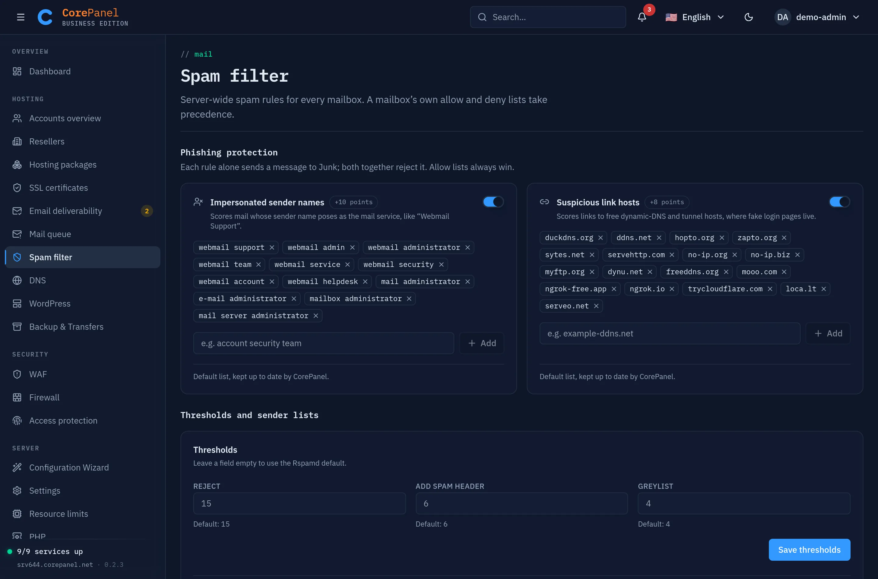 The Spam filter page. At the top, Phishing protection with two cards side by side. "Impersonated sender names" (+10 points) is switched on and lists webmail support, webmail admin, webmail administrator, mail administrator and similar names, with an input to add one. "Suspicious link hosts" (+8 points) is switched on and lists duckdns.org, ddns.net, no-ip.org, ngrok-free.app, trycloudflare.com and other dynamic-DNS and tunnel hosts. Both cards say "Default list, kept up to date by CorePanel." Below, Thresholds and sender lists shows the Reject, Add spam header and Greylist fields with their defaults of 15, 6 and 4.