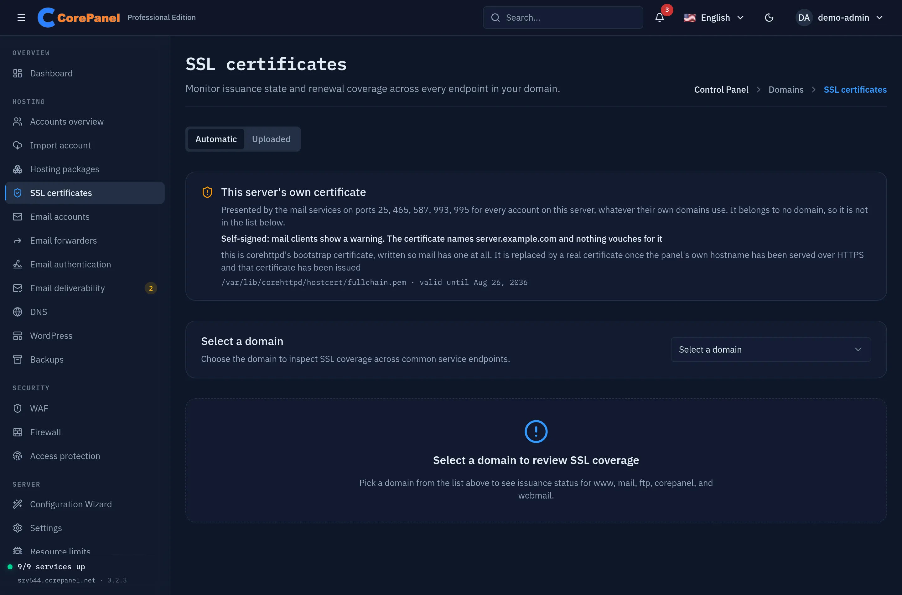 The SSL certificates page, Automatic tab. Above the domain selector sits a card headed "This server's own certificate", explaining that it is presented by the mail services on ports 25, 465, 587, 993 and 995 for every account on the server and belongs to no domain. Its verdict reads "Self-signed: mail clients show a warning. The certificate names server.example.com and nothing vouches for it", followed by the note that this is the bootstrap certificate and is replaced once the panel hostname has been served over HTTPS, then the path /var/lib/corehttpd/hostcert/fullchain.pem and its expiry. Below it the usual domain selector is still empty.