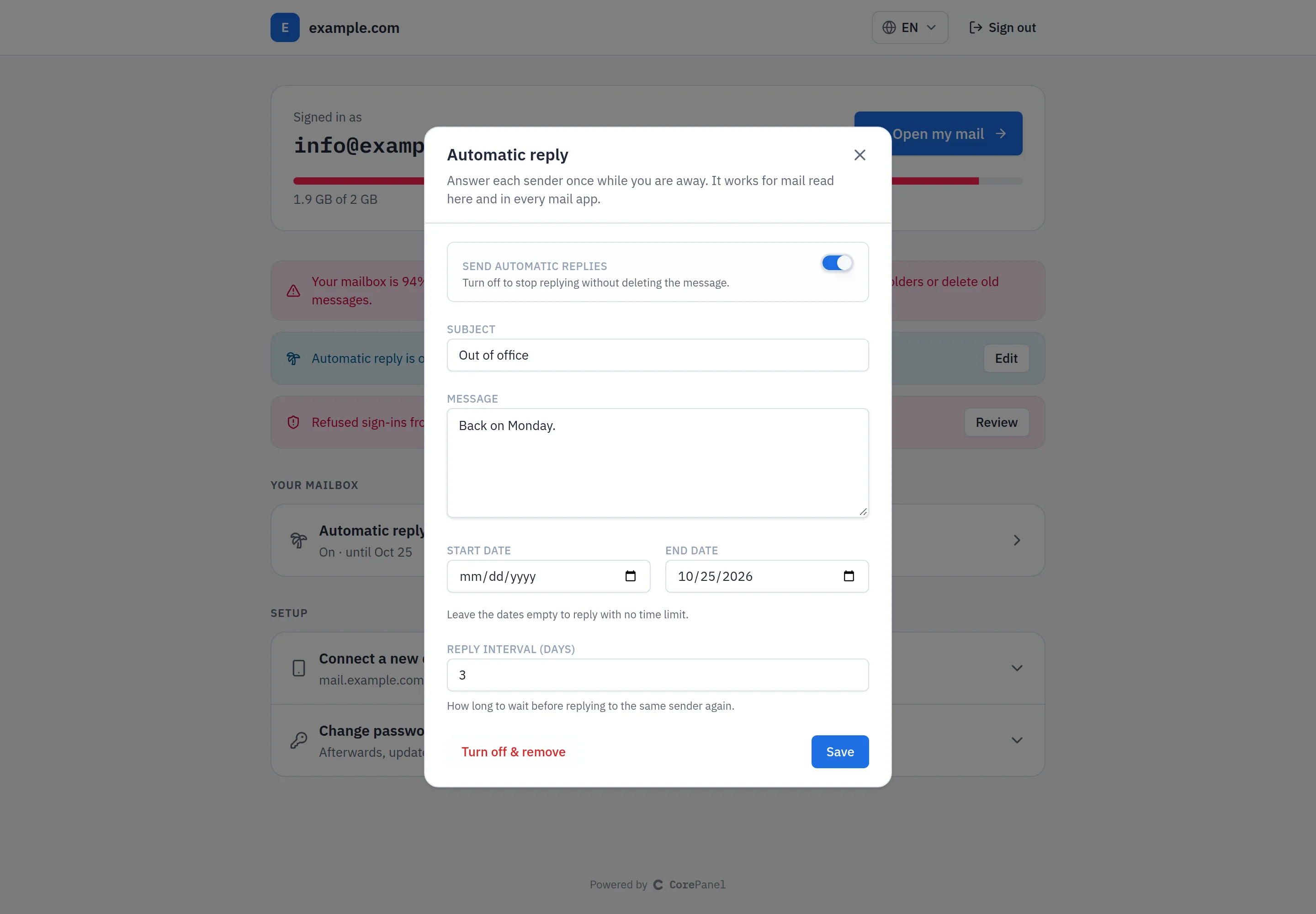The automatic reply dialog open over the mailbox page: a switch to send automatic replies, the subject "Out of office", the message "Back on Monday.", an empty start date and an end date of 10/25/2026, a reply interval of 3 days, and the buttons Turn off & remove and Save.