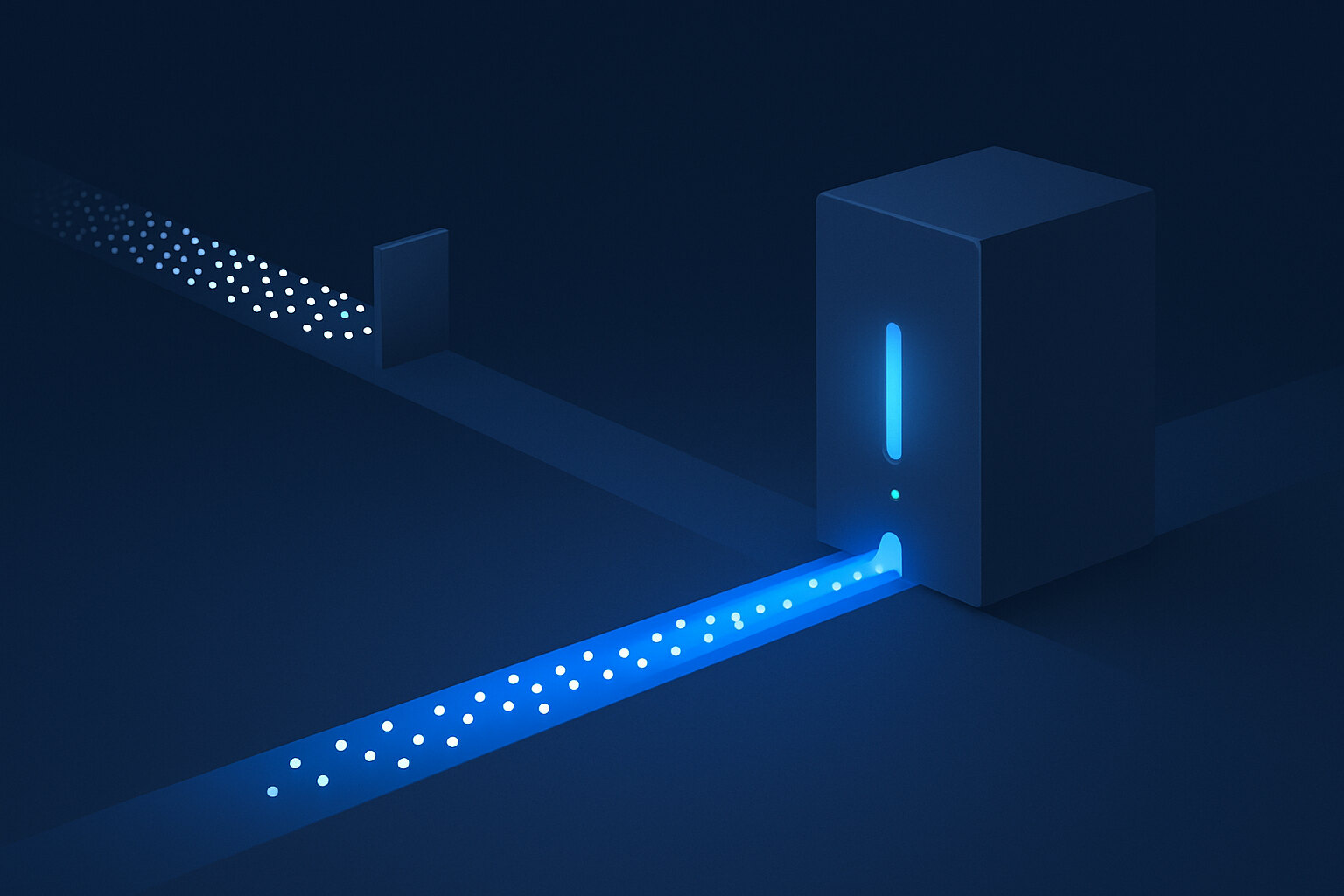 Illustration of two paths to the same server: on one, a crowd of small light points is stopped in a long queue in front of a narrow barrier; on the other, a bright blue channel carries the same points in a steady line straight into the server