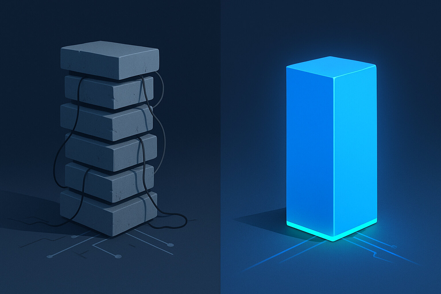 Two towers side by side on the same floor: on the left a cold grey stack of six mismatched slabs held together by looping cables, with visible gaps between every layer, and on the right a single seamless block of the same height lit from within in bright blue with an emerald glow along its base