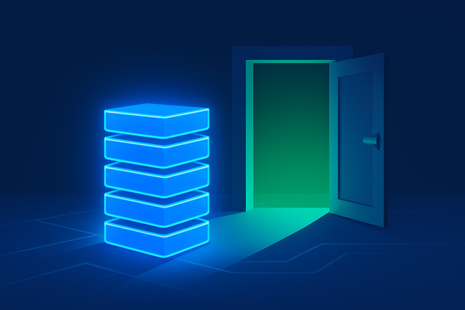 A brightly glowing blue stack of five layers standing beside a wide doorway whose door is swung fully open, emerald light spilling out of it across the floor