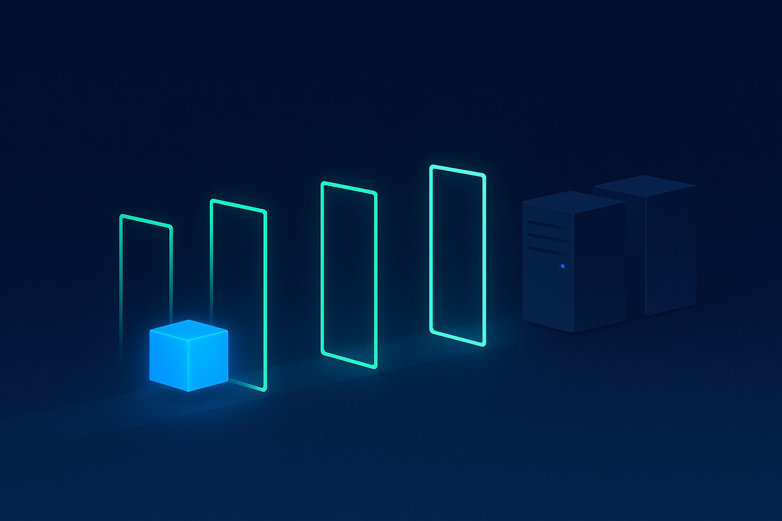 A glowing blue cube travels along a straight path through a line of tall, thin inspection gates outlined in emerald light, towards two dim server blocks waiting at the far end