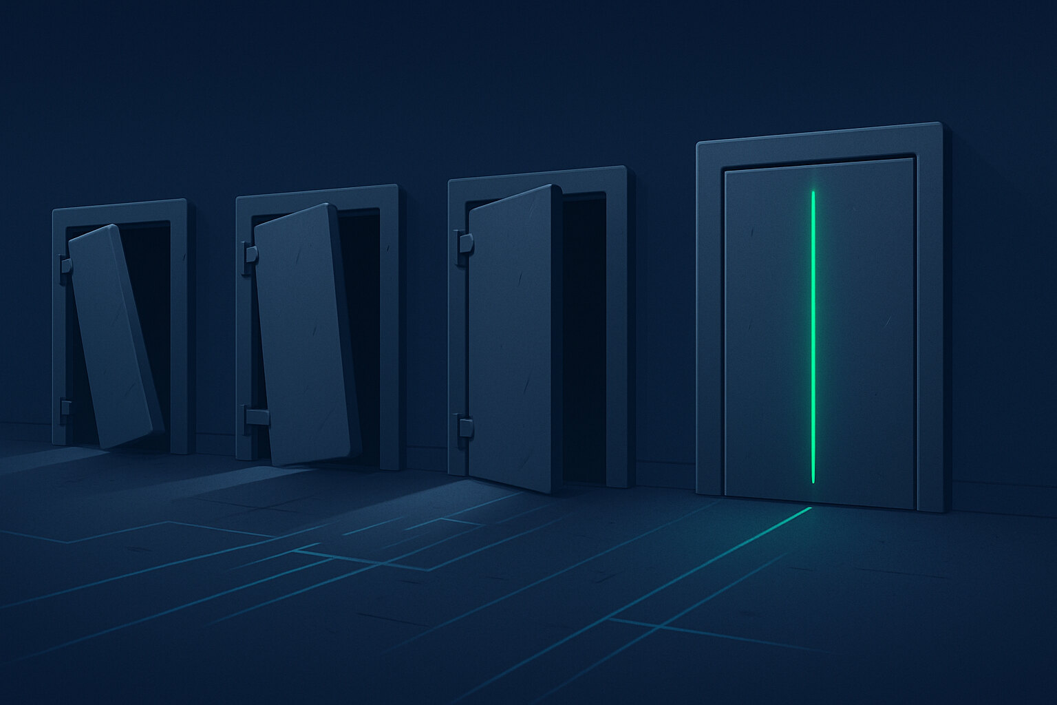 Four heavy vault doors set in a dark navy wall. The three on the left hang open and askew on their hinges, dark and empty behind them; the fourth on the right stands closed and undamaged with a single bright emerald seam of light glowing down the centre of its seal, and the blue guide lines on the floor break apart at the open doors but run straight into the closed one
