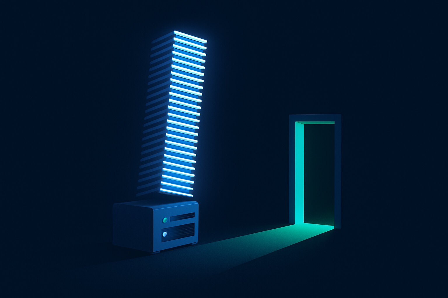 A small server rack dwarfed by a towering stack of glowing monthly charges, with an open doorway lit in green beside it