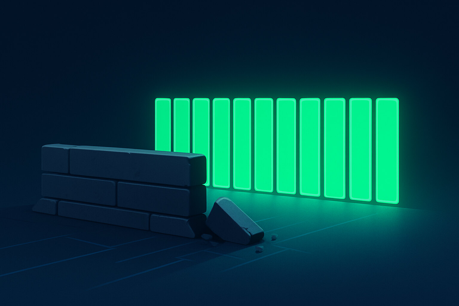 An old segmented stone wall standing dark and cold with one of its blocks toppled onto the floor, and directly behind it an unbroken row of tall panels glowing emerald green across the full width of the frame — the failed defence in front, the replacement already standing and lit behind it