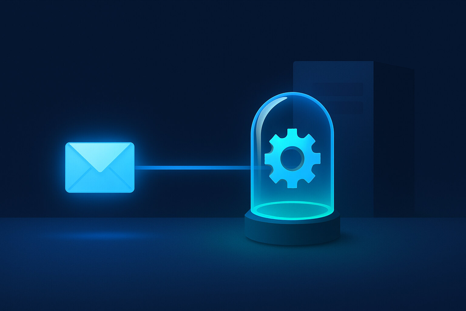 A glowing blue envelope on the left sends a thin line of light into a sealed glass dome on the right, where a blue gear turns inside, an emerald ring of light around its base; behind the dome a large, dim server block stands untouched by its glow