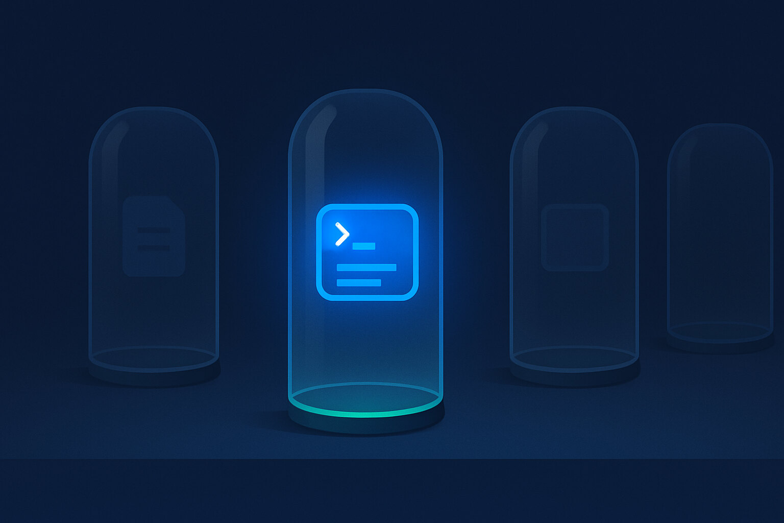A row of glass bell jars standing apart on a dark blue floor. The second one glows bright blue around a terminal window floating inside it, its light stopping at the glass, with an emerald seam sealing its base; the jars around it are dim and empty or hold faint shapes of their own