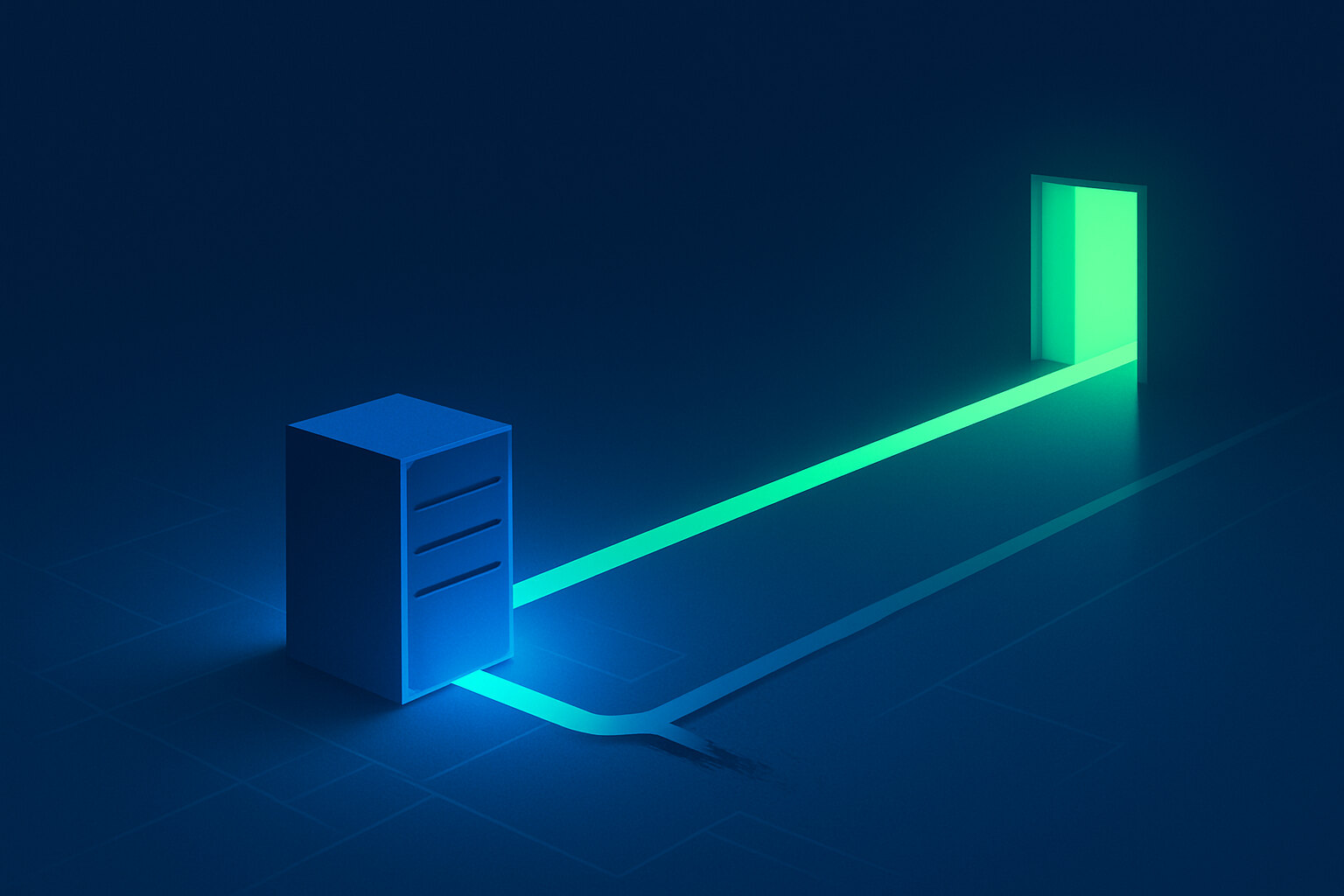An isometric blue server tower glowing on a dark navy floor, with two ribbons of light leaving its right side: the upper one bright emerald, running unbroken across the whole frame into a tall doorway filled with green light, and the lower one the same shape but pale and cold, frayed and broken apart on the floor a short way from the server, reaching no door — the same message accepted and refused, depending only on which way it left