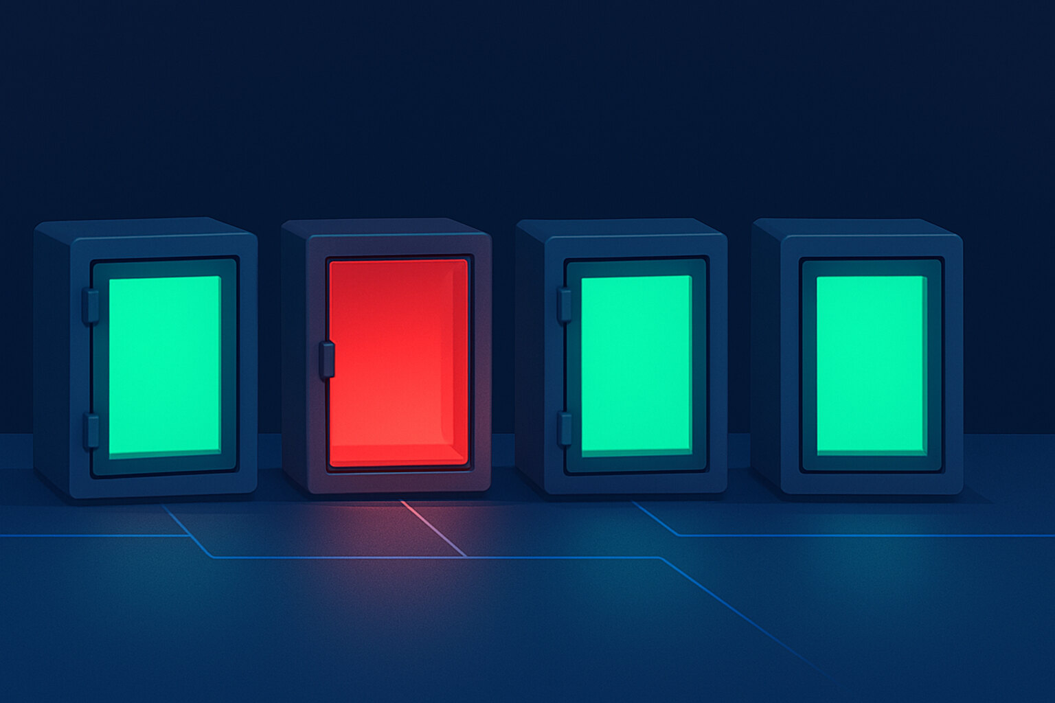 Four sealed vault cabinets standing apart in a row, three lit from inside with calm emerald light and the second one burning red — the red glow stopping at its own walls without reaching its neighbours